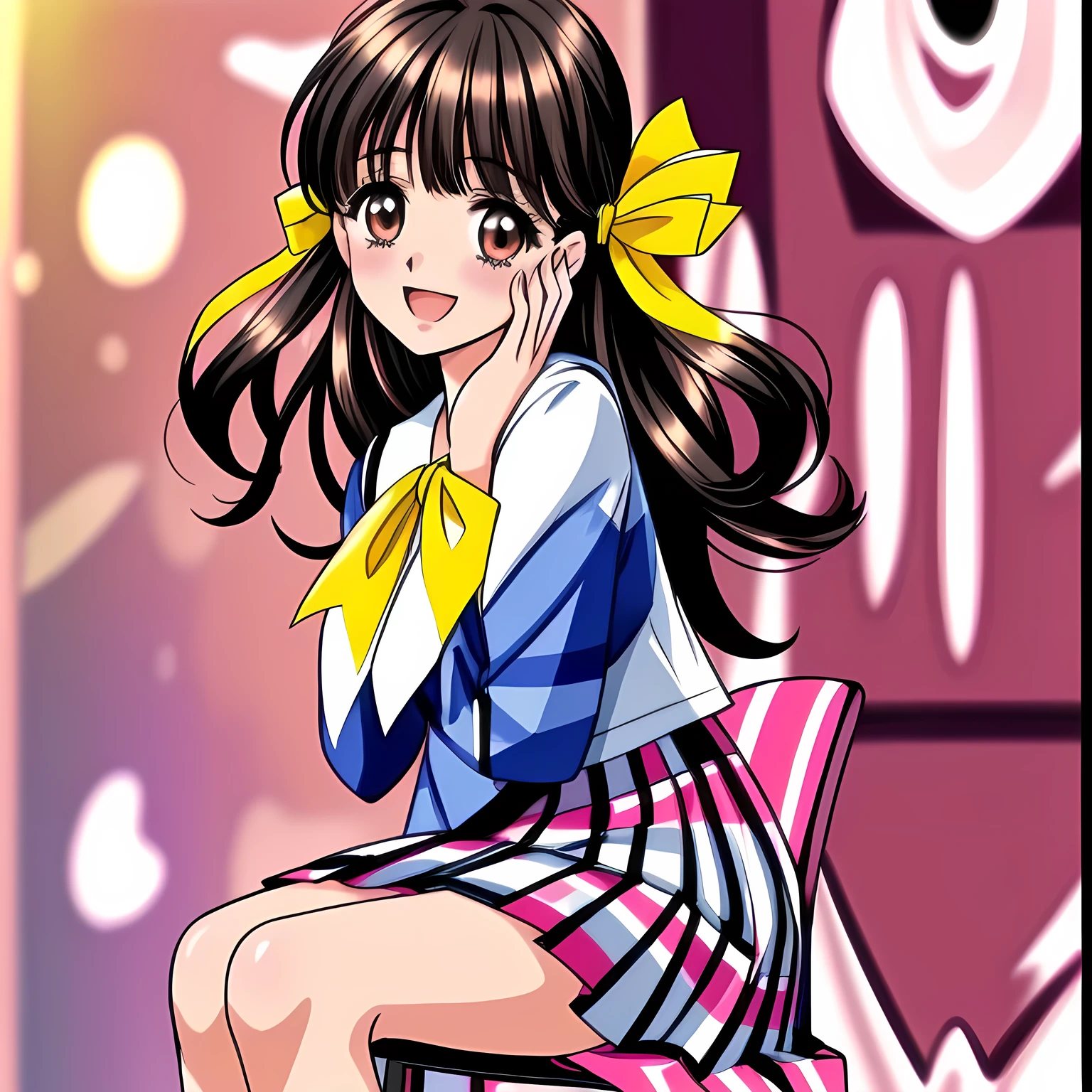 Ultra realistic 7 , girl, defined, detailed, HD, (piel morena), ojos definidos, ojos cafes intensos, small hoops, long eyelashes, small mouth, sonrisa, :D, very long hair, pelo liso, pelo oscuro, cuerpo reducido, bosom barely contained, pechos maduros, sexy, posando foto, estudio, mini skirt rosa, sin sostenes, no bra, excitada, pezones erectos, libros, sentada, leyendo, nice view, full body, nice body, pink, camisa blanca, camisa ajustada, botones abiertos mojada, sudada, caliente, tight