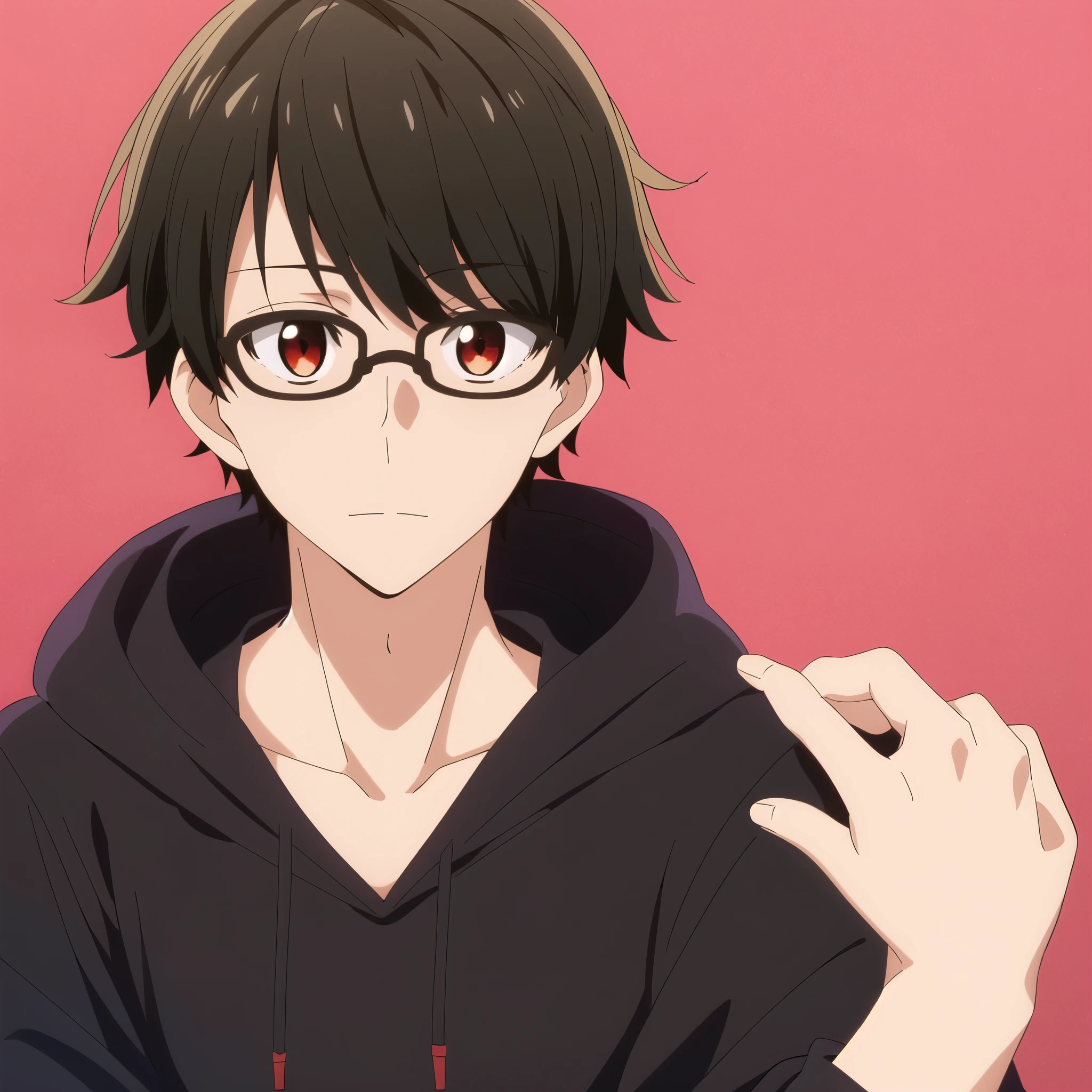 masterpiece, best quality, , 1boy, solo, male focus, looking at viewer, upper body, , tasuku_kuresawa, brown hair, , red eyes, black hoodie, pastle background