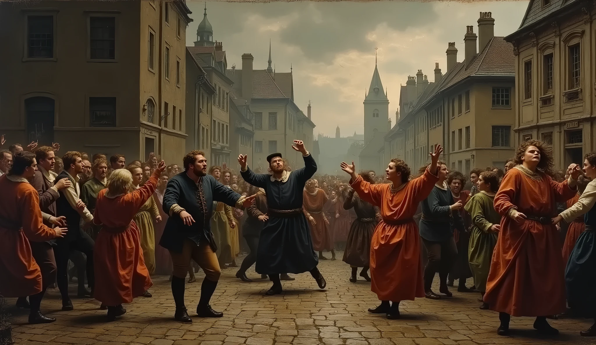 festival, Dancing, and jubilation in the village square. in the 17th century, A crowd of men with rat traps