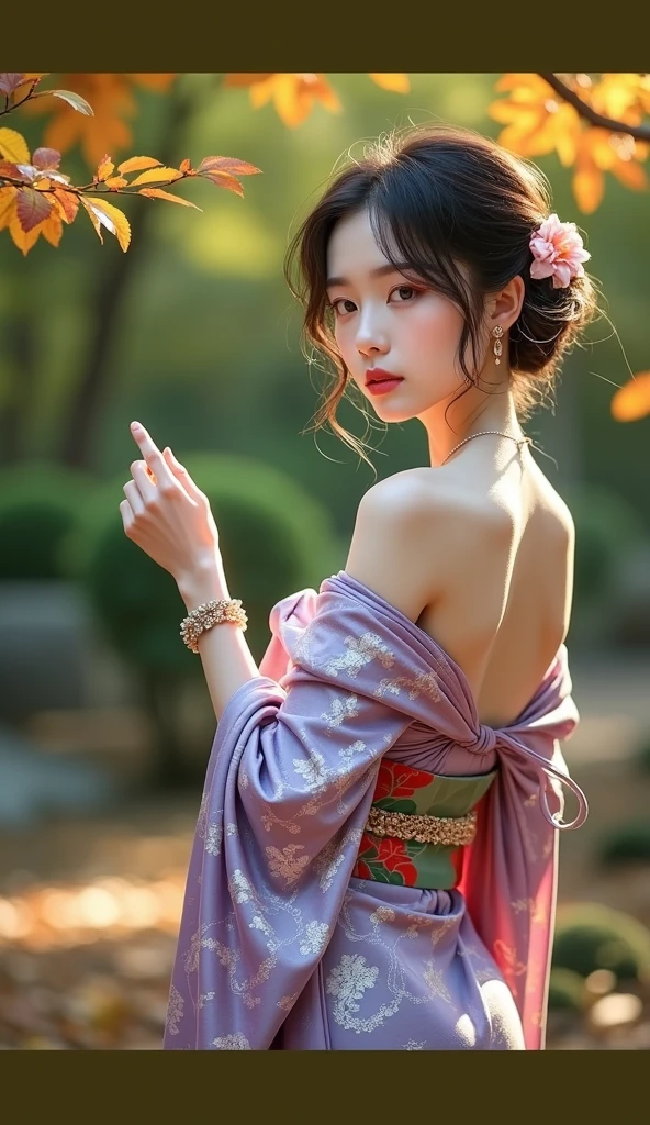 ((RAW shooting:1.5)), (Photoreal Stick:1.5, masutepiece:1.5, 8K), (top-quality, ​masterpiece, 超A high resolution), morning, January, Precincts of the shrine, ((fog the lens:1.4)), ((Shoot with blur:1.5)), ((sunrises, Sunlight coming in from behind:1.6, Strong sunlight spreads across the screen:1.6)), ((Strong sunlight shines on a woman:1.7)), ((The entire screen appears white and hazy due to strong sunlight.:1.8)), ((The woman looks blurry due to the strong sunlight:1.9)), Face Sharp Focus:1.3, Professional camera work:1.3, Highly detailed skin and facial texture:1.3, Grow Light Effect, The ultra-detailliert:1.3, 1girl in, Fair skin, (Sense of clarity:1.4, a small face), Extremely beautiful face:1.5, (Sense of clarityを感じる目:0.9, looking distantly), A smile:1.0, (Slightly open mouth:0.4, Sense of clarityを感じる口当たり:0.7), 二重まぶた, Dark brown medium hair, necklace and earrings, (Japanese kimono off shoulder)