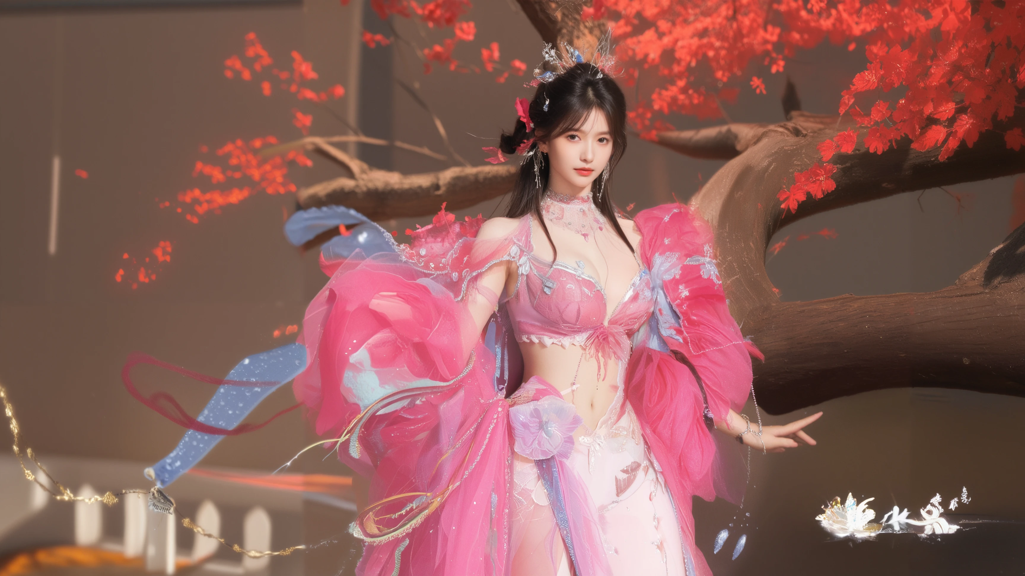 A beautiful woman with perfect curves wearing a long purple dress that gently flutters in the air,The beautiful woman was lie down in a sea of beautiful flowers surrounding her, Chinese traditional, her flexible body increasing with every movement, So enchanting, the dim candlelight, the glowing butterflies fighting the darkness of the night, the light of the moon, The night wind blowing the curtains, the purple flower petals , flower petals flying around the room, Chinese dancing, This woman is so beautiful that she attracts everyone who watches her, ancient China, imperial empress