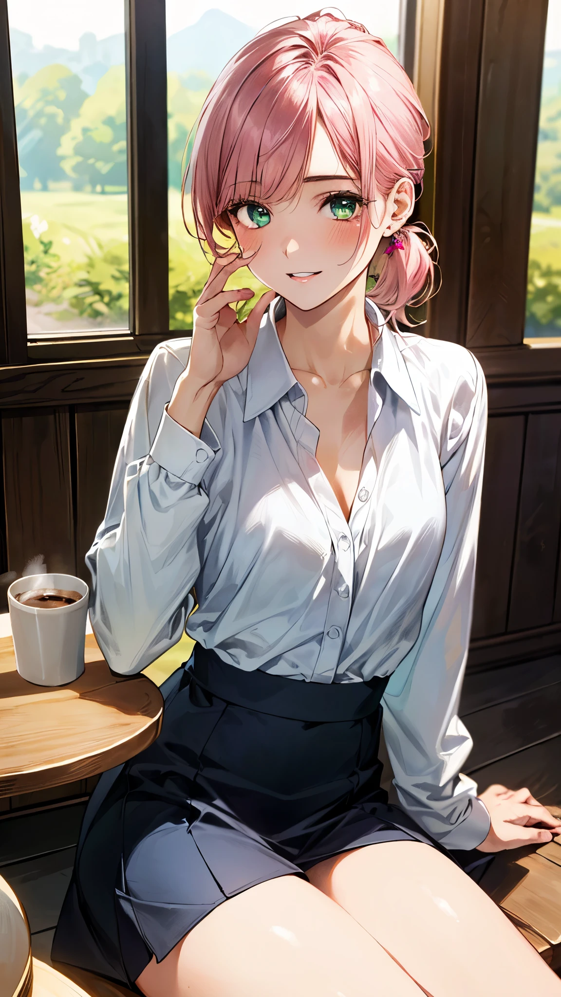 One woman,From the waist up,from the front,Big Breasts,Light pink hair,short hair,black off shoulder sweater,Black-rimmed square glasses,Cafe