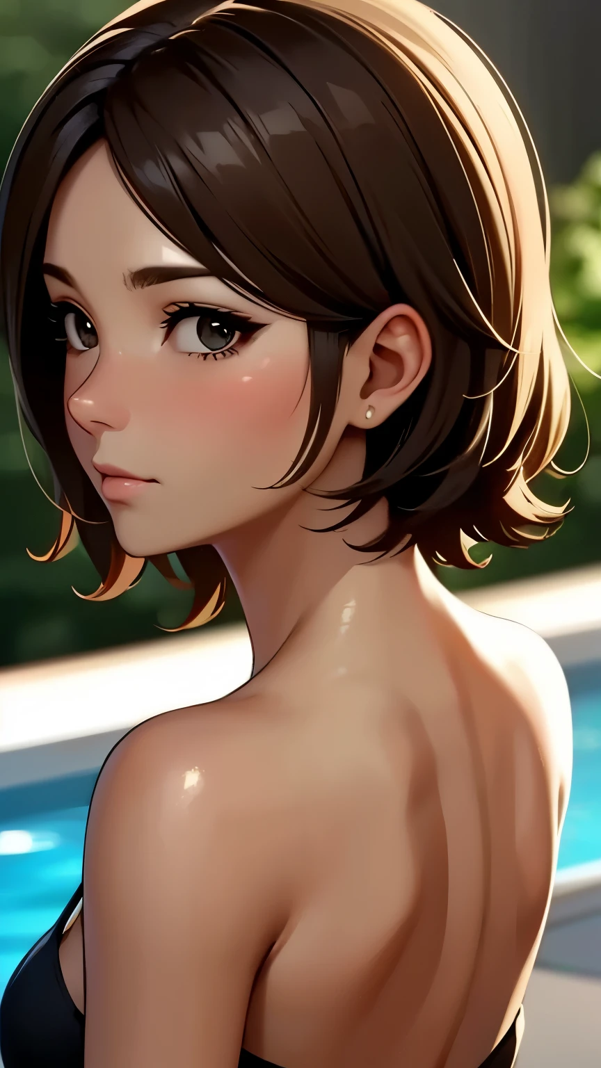 35-year-old housewife, 3D graphics, looking back, back view, portrait, brown short hair, detailed eyes, adult appearance, detailed face, anime style, gentle and generous woman, detailed black eyes, no makeup, calm personality, collarbone, playing in the pool