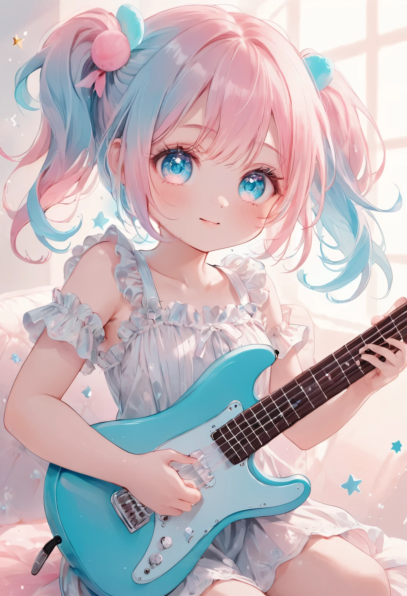 (extremely detailed:1.3),(highly detailed:1.2),(best quality:1.2),(masterpiece:1.2), flat chest, FutariGotoh, 1girl, solo, short hair, blue eyes, dress, bow, pink hair, (two side up), holding instrument, holding guitar, sailor dress, nice hands, perfect hands, naked spreading her legs lying on the bed opening her  towards the camera