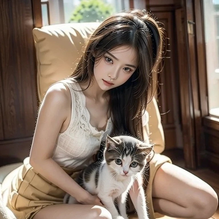 best quality, super fine, masterpiece, cute kitten riding on the head of a cute girl