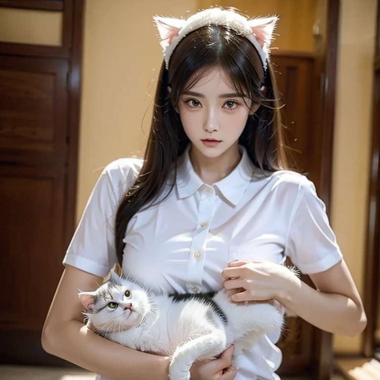 Araffe con una camisa negra y un cat blanco en sus brazos, very beautiful cute catgirl, ulzzang, Beautiful young catgirl, Atractiva chica cat, Women / cat hybrid, white ( cat ) girlish, Grandes mejillas sosteniendo a su cat, dilraba dilmurat, human cat hybrid, She is holding a cat in her arms, by Yang J