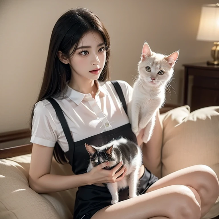 Araffe con una camisa negra y un cat blanco en sus brazos, very beautiful cute catgirl, ulzzang, Beautiful young catgirl, Atractiva chica cat, Women / cat hybrid, white ( cat ) girlish, Grandes mejillas sosteniendo a su cat, dilraba dilmurat, human cat hybrid, She is holding a cat in her arms, by Yang J