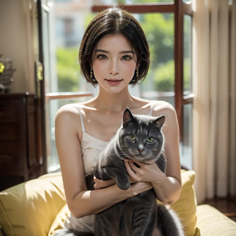 highres, 8k, absurdres, realistic, (Chartreux:1.3),  animal_focus, close up, Chartreux, 1girl, (cn_girl:1.3), cat, animal, realistic, holding animal, jewelry, earrings, blurry, looking at viewer, black hair, holding cat, blurry background, brown eyes, solo, smile, short hair, depth of field, portrait,  holding, holding cat
