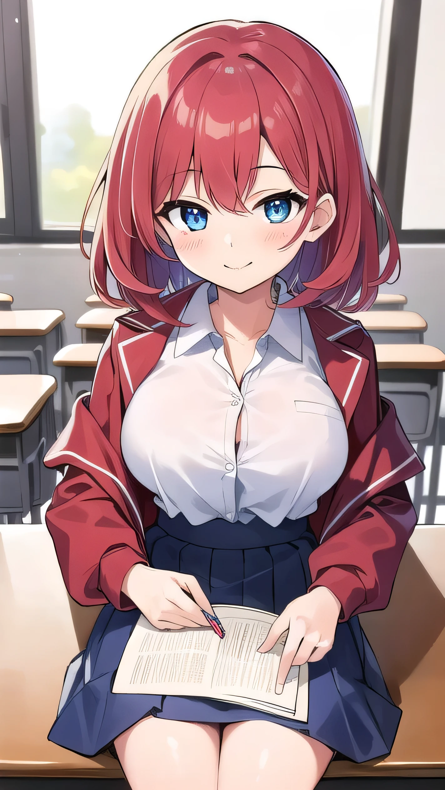 Big breasts, red hair, blue eyes, droopy eyes, red jacket, long sleeves, navy skirt, elementary school student, super big breasts, (medium hair: 1), baggy clothes, elementary school student, young face, short height, 10 years old, old, shy Agari, smiling a little, classroom, white shirt, soft hair,All the buttons on her shirt are undone and her bra is visible, a red bra.