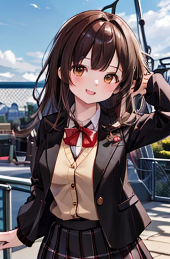 masterpiece, Best Quality, High resolution, One girl, Brown Hair, Long Hair, bangs, Brown eyes, Large Breasts、, Red ribbon, School Uniform, Black Jacket, open jacket, Brown Cardigan, White shirt, Black Skirt, Checkered skirt, smile, Open your mouth, Cross your back, Lean forward, amusement park,