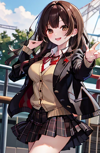 masterpiece, Best Quality, High resolution, One girl, Brown Hair, Long Hair, bangs, Brown eyes, Large Breasts、, Red ribbon, School Uniform, Black Jacket, open jacket, Brown Cardigan, White shirt, Black Skirt, Checkered skirt, smile, Open your mouth, Cross your back, Lean forward, amusement park,