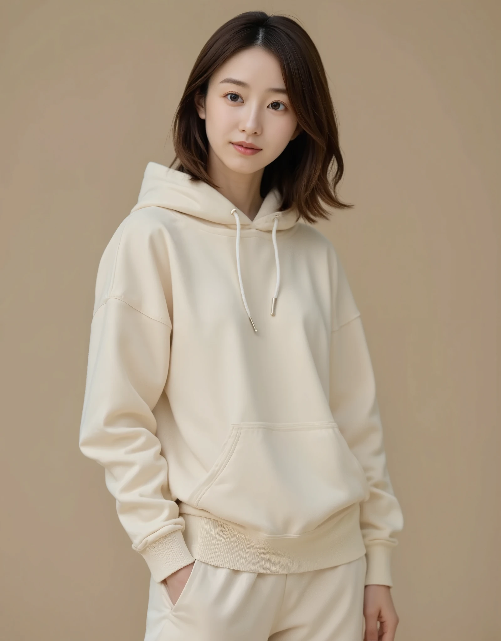 a young east-asian woman,fashion photography,with (hime cut hair) matching sweatpants,dressed in beige hoodie,matching sweatpants,visible drawstrings,soft texture,realism smiling