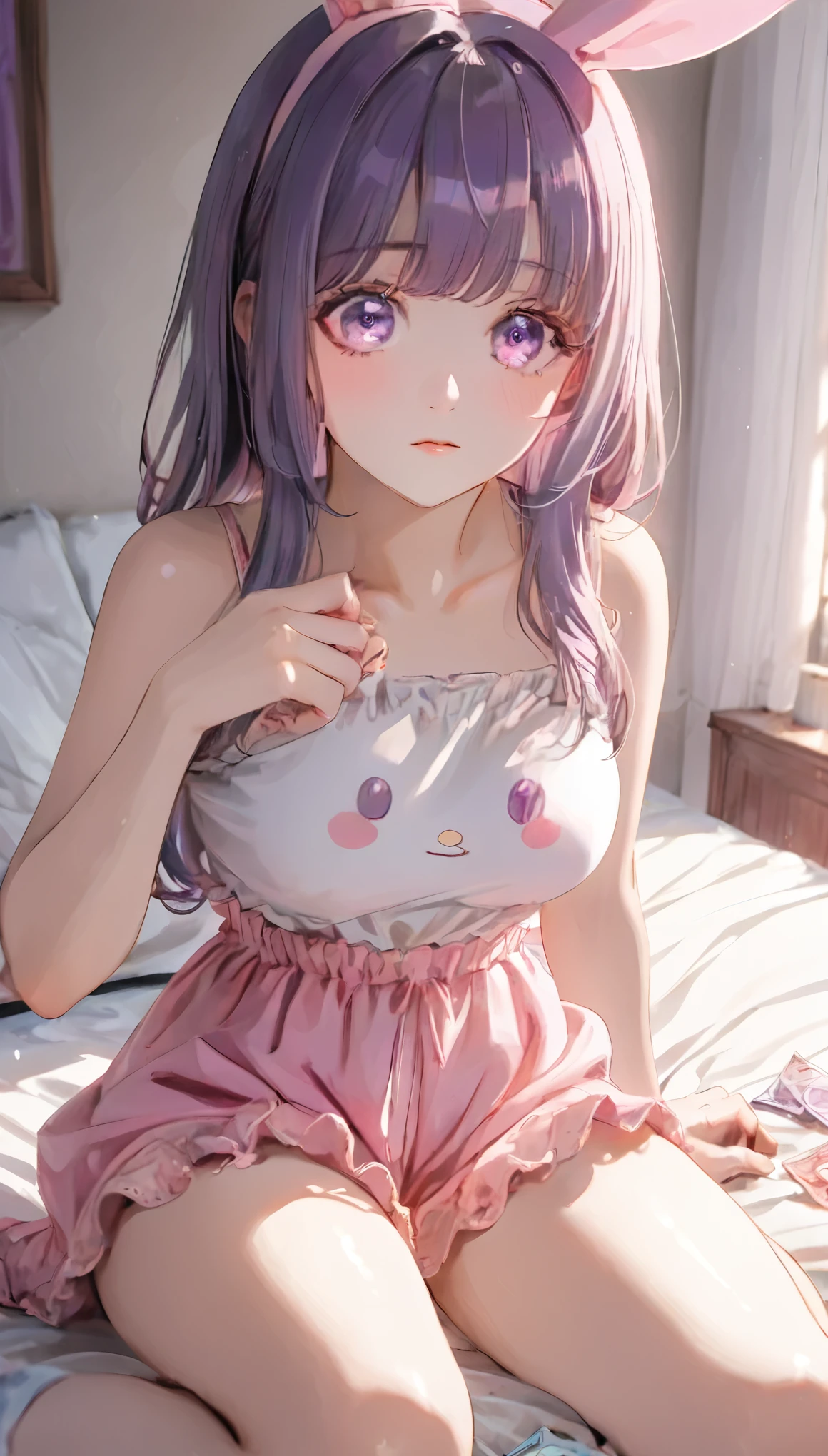 masterpiece, best quality, 8k, highres, ultra-detailed,HDR, UHD, soft shading,studio lighting, pastel color palette, a soft, dreamy illustration, professional,  1girl,FernFrieren, Long Hair, bangs, (Purple eyes:1.1), Purple Hair, Side Lock, blunt bangs, (Bright Eyes:1.5), Half Up, soft and natural large breasts, embarrassed,cry,BREAK,long shot,full body,spread legs,multiple used condoms, filled_condom, bed,multiple men,multiple sex,ganbang,hand job,erect penis with both hands,blowjob,camisole,
bloomers,
print camisole,cumming,orgasm face, peace sign, bunny ears,cum blast, cum on face, 