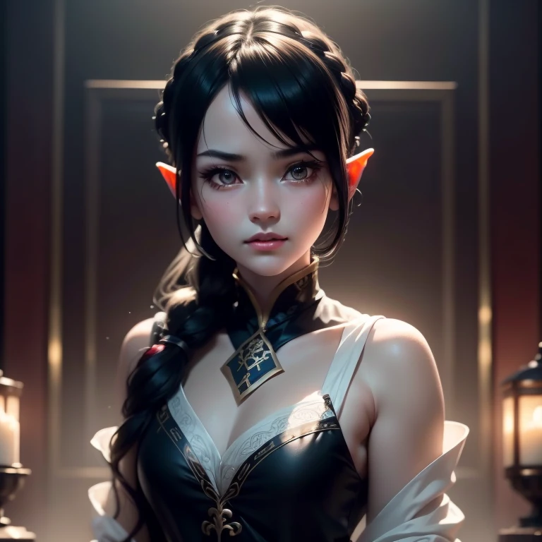 1 girl, elf, black hair, traditional chinese "ox horn" hairstyle, black eyes, thin lips, yellow pupil eyes, small breasts, maid uniform, elegant, detailed portrait, delicate features, ethereal beauty, intricate hair ornaments, (best quality,4k,8k,highres,masterpiece:1.2),ultra-detailed,(realistic,photorealistic,photo-realistic:1.37),cinematic lighting, dramatic chiaroscuro, moody atmosphere, muted colors, renaissance painting style