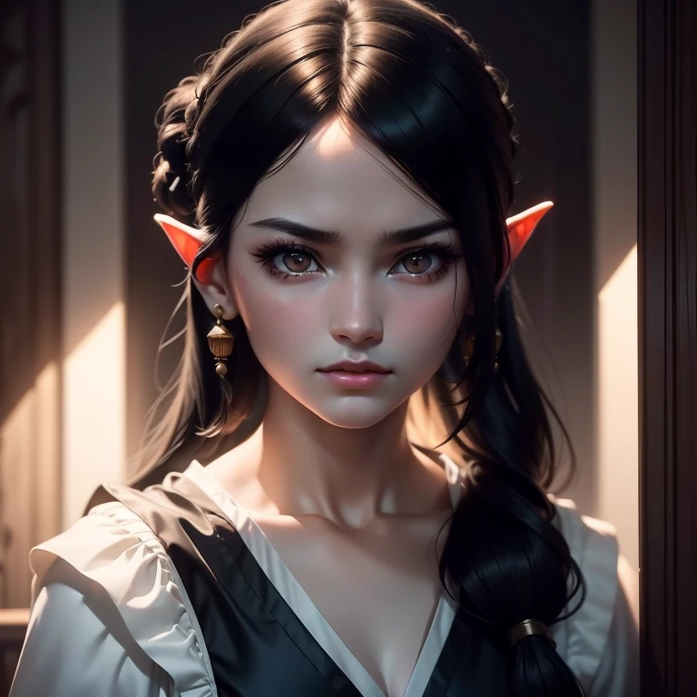 1 girl, elf, black hair, traditional chinese "ox horn" hairstyle, black eyes, thin lips, yellow pupil eyes, small breasts, maid uniform, elegant, detailed portrait, delicate features, ethereal beauty, intricate hair ornaments, (best quality,4k,8k,highres,masterpiece:1.2),ultra-detailed,(realistic,photorealistic,photo-realistic:1.37),cinematic lighting, dramatic chiaroscuro, moody atmosphere, muted colors, renaissance painting style