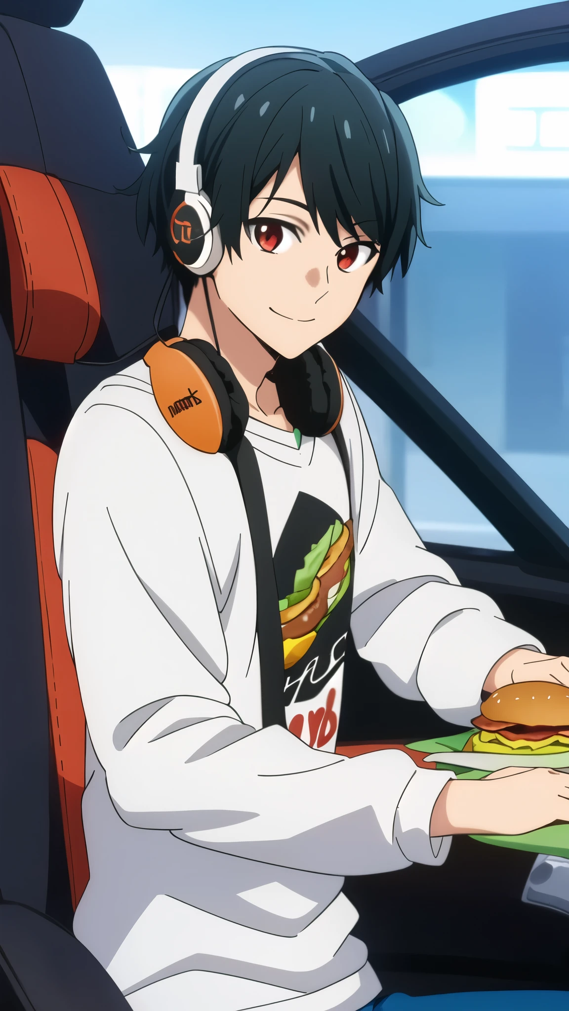 masterpiece, best quality, , 1boy, solo, male focus, looking at viewer, upper body, smiling , tasuku_kuresawa, black hair, , red eyes, whiteand orange strips sweatshirt, burger in hand, car headphone, pastle background