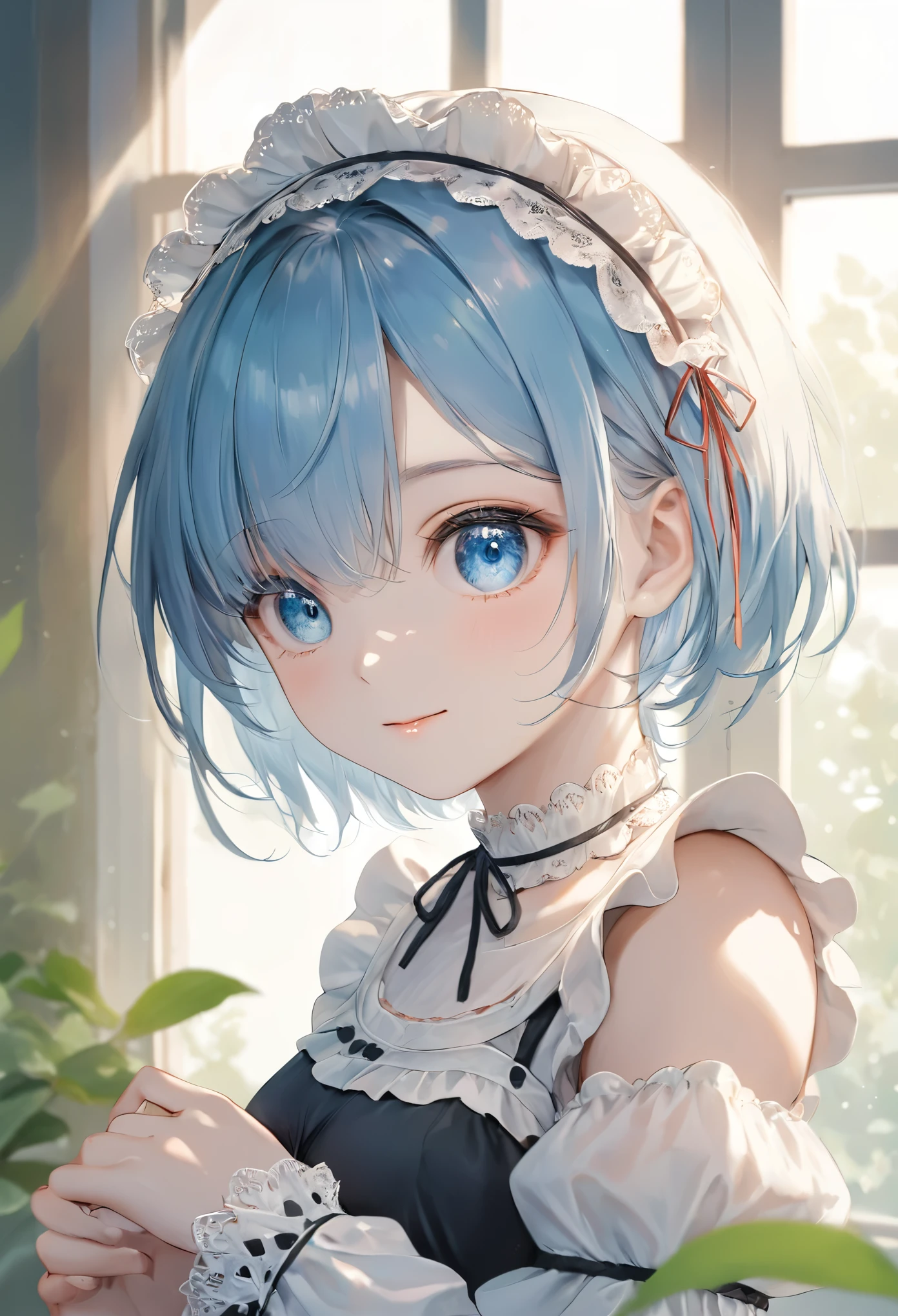 masterpiece, best quality, ultra-detailed illustration of a young woman’s upper body, her blue hair softly illuminated by the warm sunlight streaming through a nearby window, her blue eyes gaze forward with a gentle, serene expression, her outfit is a traditional black and white maid dress with delicate lace and ruffled sleeves, the light from the window creates soft highlights on her shoulders and the detailed lace around her neckline, her calm expression is paired with a soft, almost shy smile, the background is softly blurred, with sunlight filtering through green leaves outside the window, creating a warm and peaceful atmosphere, the delicate details of her outfit, from the lace to the carefully drawn ruffles, are rendered with care and precision, the overall tone is calm and inviting, capturing a quiet and intimate moment in a richly detailed illustration.