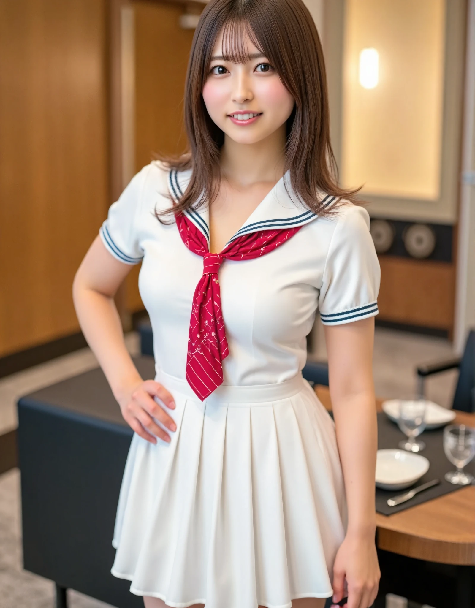 Super detailed, masterpiece, Ultra-high resolution,, Superior quality, Photogenic Clarity, White silk sailor suit, White pleated mini skirt, Red scarf, Japan&#39;s Top Idols, Full Body Shot, Medium Shot, Super detailedな美しい女性24歳, Slim body, F cup bust, Slim model body type,