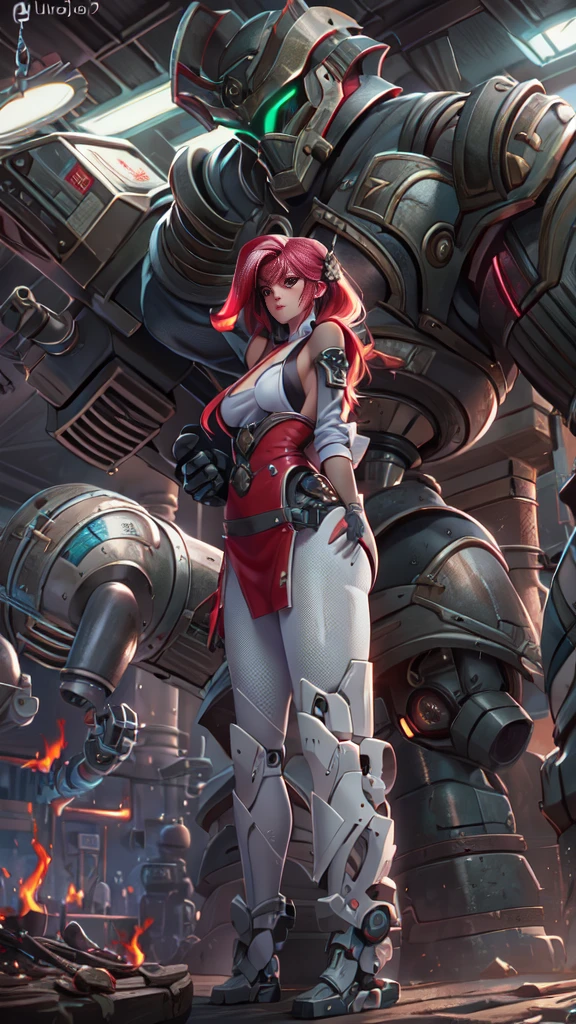 (sfw), (wide angle), 1woman, goddess of the forge, Hephaestus, ((blacksmith woman)), middle-aged woman in her 40s, ((small bust)), well toned physique, ((medium length wavy with crimson roots fading to black tips)), burn scars on chest and arms, (wearing leather apron, apron with glowing symbols), (tight black button up shirt) , (wearing skin tight white leggings), ((swings a huge smithy hammer in one hand, over her head)), smith's hammer is glowing green, she stands at an angelic anvil, (set inside a massive robotic factory:1.37), ((high resolution)), intricately detailed facial features, detailed piercing eyes, refined jawline, masterpiece, 8k, ((hyper realistic)), 3/4 profile view, cinematic lighting, dramatic shadows, warm color tones, intricate details, hyper-detailed, mlpshimmer, acoaL leggings 