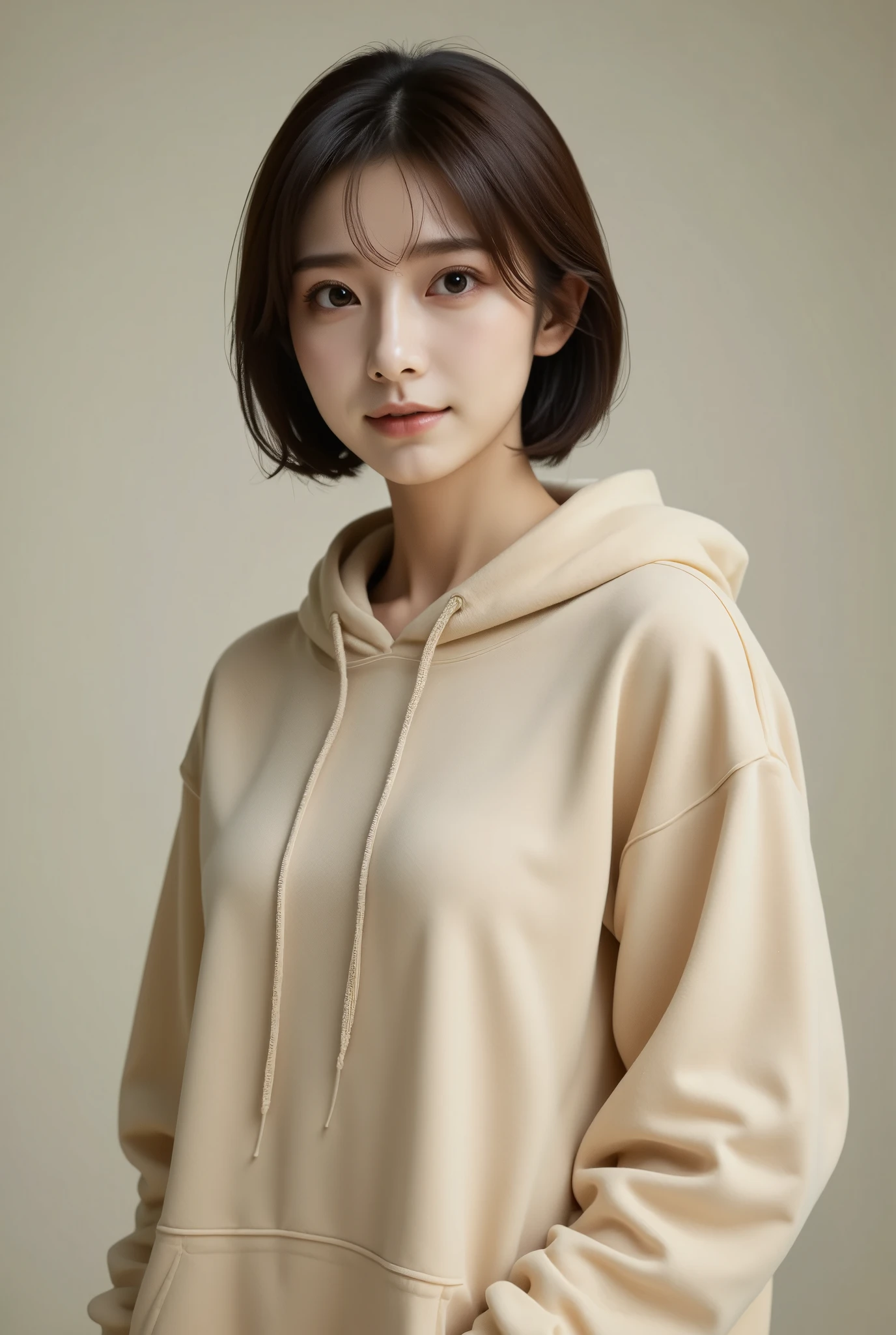 a young east-asian woman,fashion photography,with (hime cut hair) matching sweatpants,dressed in beige hoodie,matching sweatpants,visible drawstrings,soft texture,realism smiling
