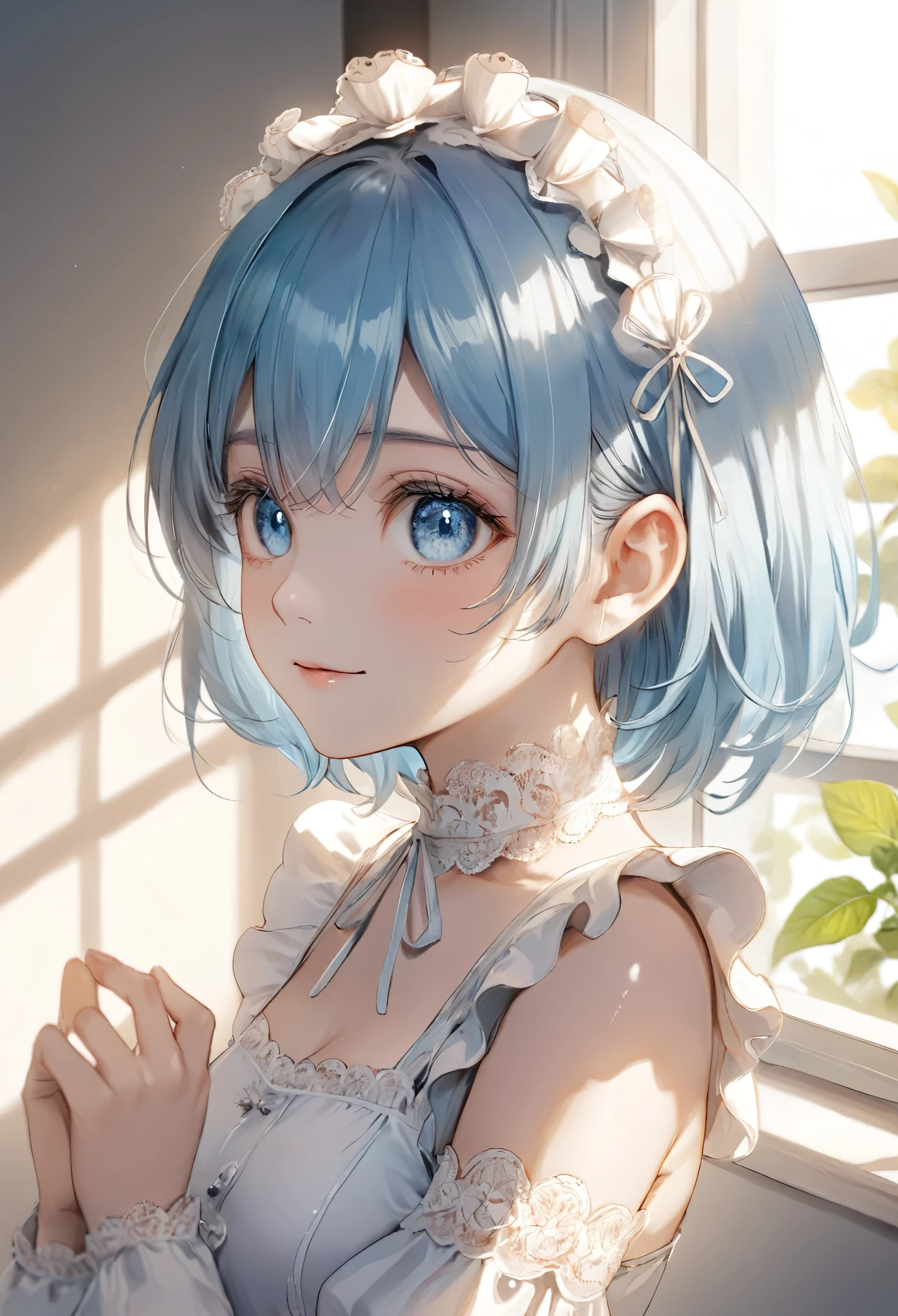 masterpiece, best quality, ultra-detailed illustration of a young woman’s upper body, her blue hair softly illuminated by the warm sunlight streaming through a nearby window, her blue eyes gaze forward with a gentle, serene expression, her outfit is a traditional black and white maid dress with delicate lace and ruffled sleeves, the light from the window creates soft highlights on her shoulders and the detailed lace around her neckline, her calm expression is paired with a soft, almost shy smile, the background is softly blurred, with sunlight filtering through green leaves outside the window, creating a warm and peaceful atmosphere, the delicate details of her outfit, from the lace to the carefully drawn ruffles, are rendered with care and precision, the overall tone is calm and inviting, capturing a quiet and intimate moment in a richly detailed illustration.