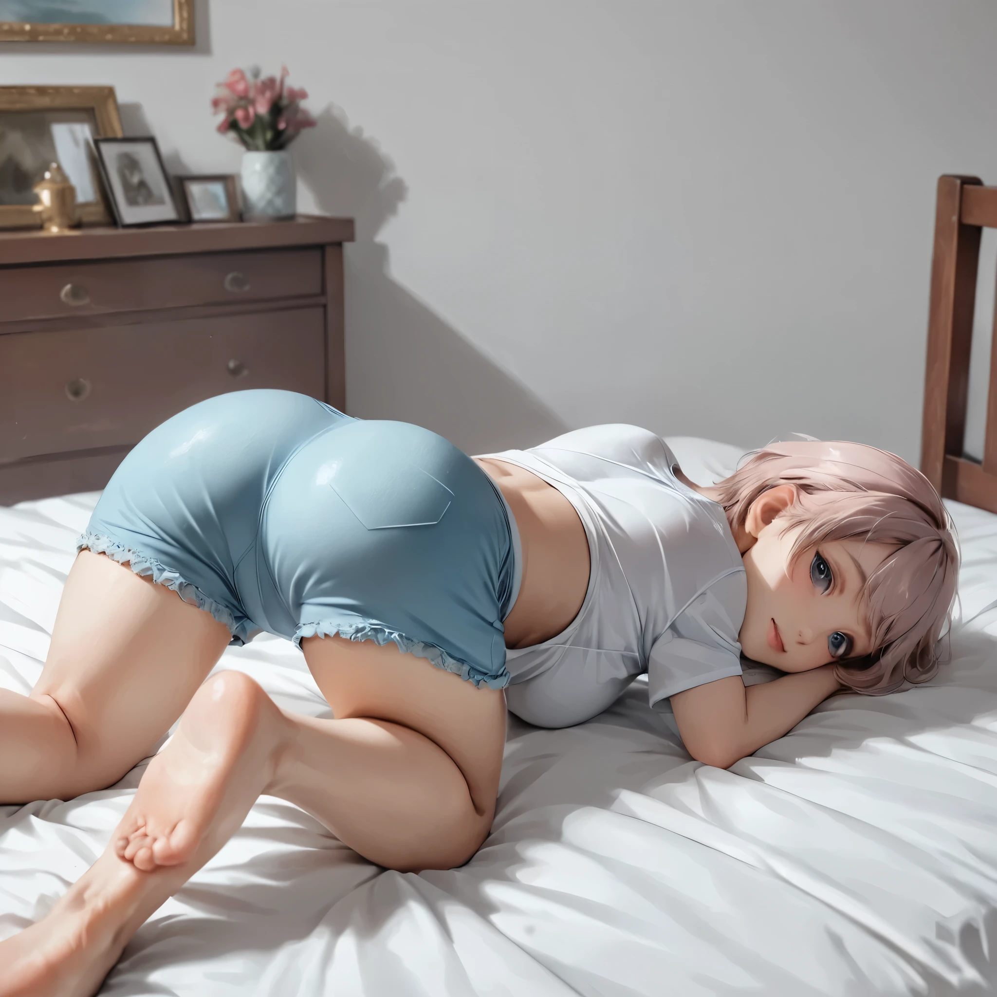 masterpiece, best quality, 8k, highres, ultra-detailed,HDR, UHD, pastel color palette, soft and gentle illustration,wide shot,150cm 1girl,t-shirt, (Anatomically correct,full body),(Butt forward),(From behind), short hair,
shaved side,
conplete naked,
,On all fours,top down, Bottom up,Open leg forward bend