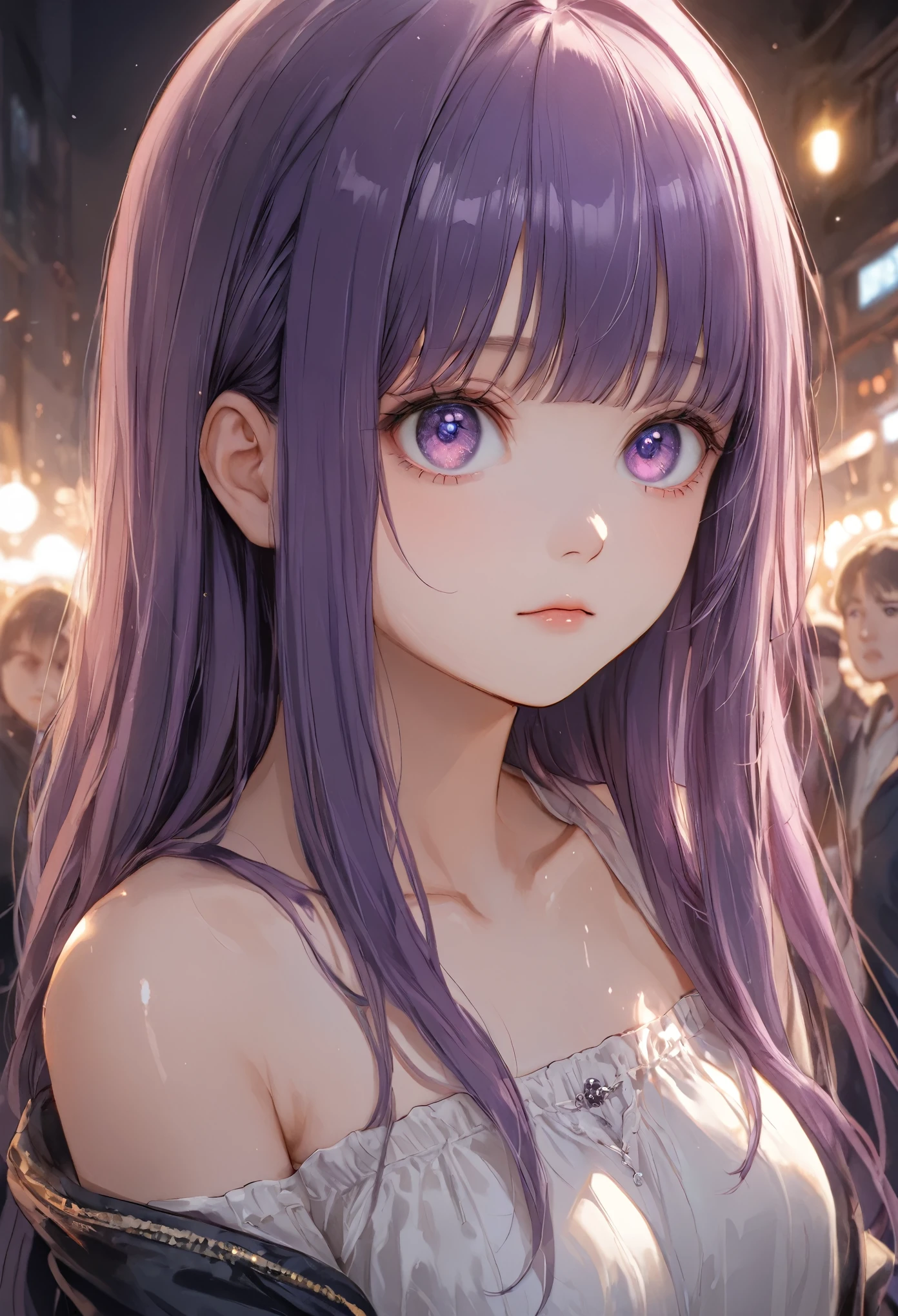 masterpiece, best quality, 8k, highres, ultra-detailed,HDR, UHD, studio lighting, ultra-fine painting, sharp focus, physically-based rendering, extreme detail description, professional,(long shot,wide shot,full body),FernFrieren, Long Hair, bangs, (Purple eyes:1.1), Purple Hair, Side Lock, blunt bangs, (Bright Eyes:1.5), Half Up,soft Big breast,(topless:1.5),(embarrassed expression,looking at the viewer, blushing),micro bikini,bottomless,pussy juice,sandy beach,(Surrounded by a crowd、Seen by many people,watching her),