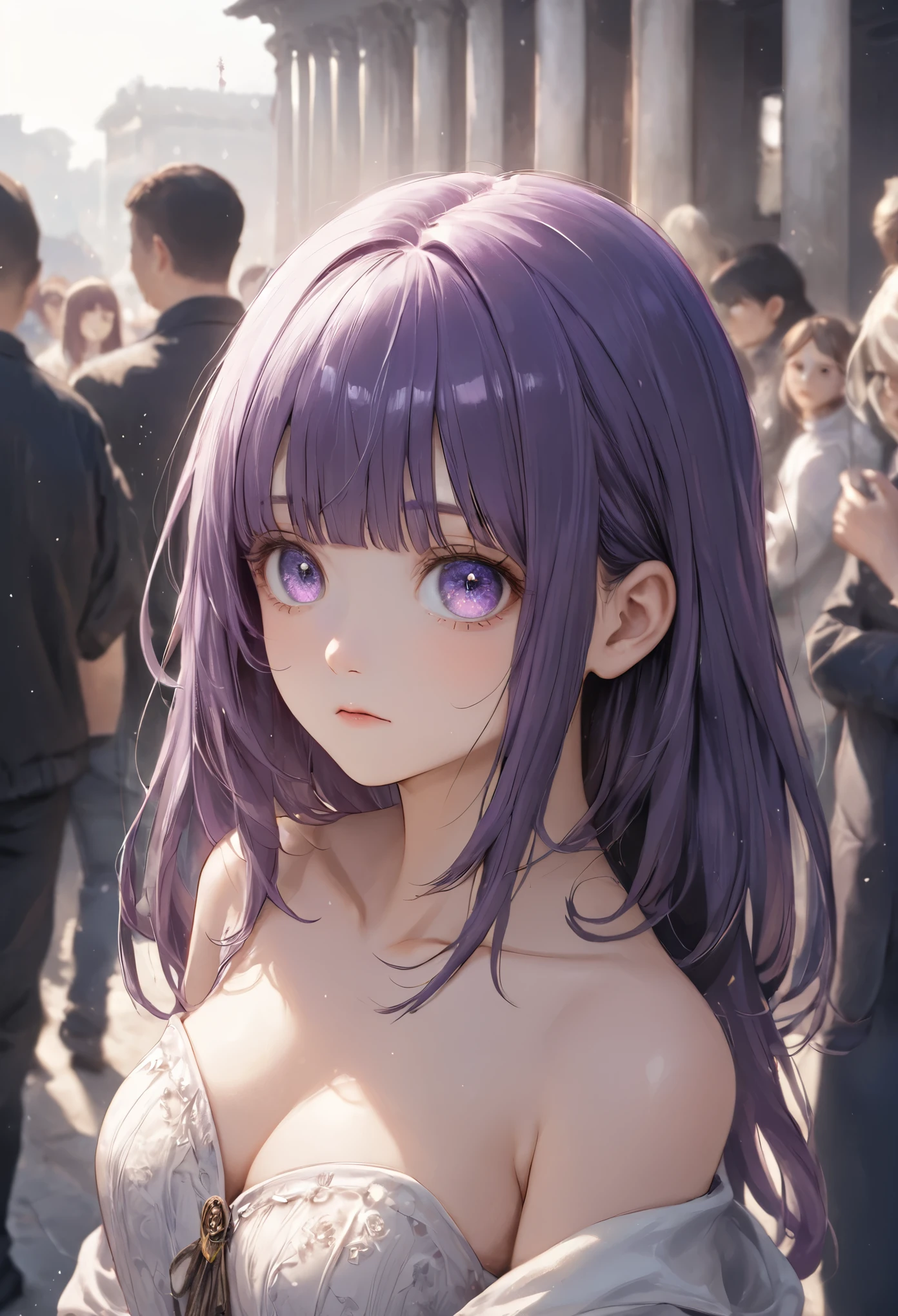 masterpiece, best quality, 8k, highres, ultra-detailed,HDR, UHD, studio lighting, ultra-fine painting, sharp focus, physically-based rendering, extreme detail description, professional,(long shot,wide shot,full body),FernFrieren, Long Hair, bangs, (Purple eyes:1.1), Purple Hair, Side Lock, blunt bangs, (Bright Eyes:1.5), Half Up,soft Big breast,(topless:1.5),(embarrassed expression,looking at the viewer, blushing),micro bikini,bottomless,pussy juice,sandy beach,(Surrounded by a crowd、Seen by many people,watching her),