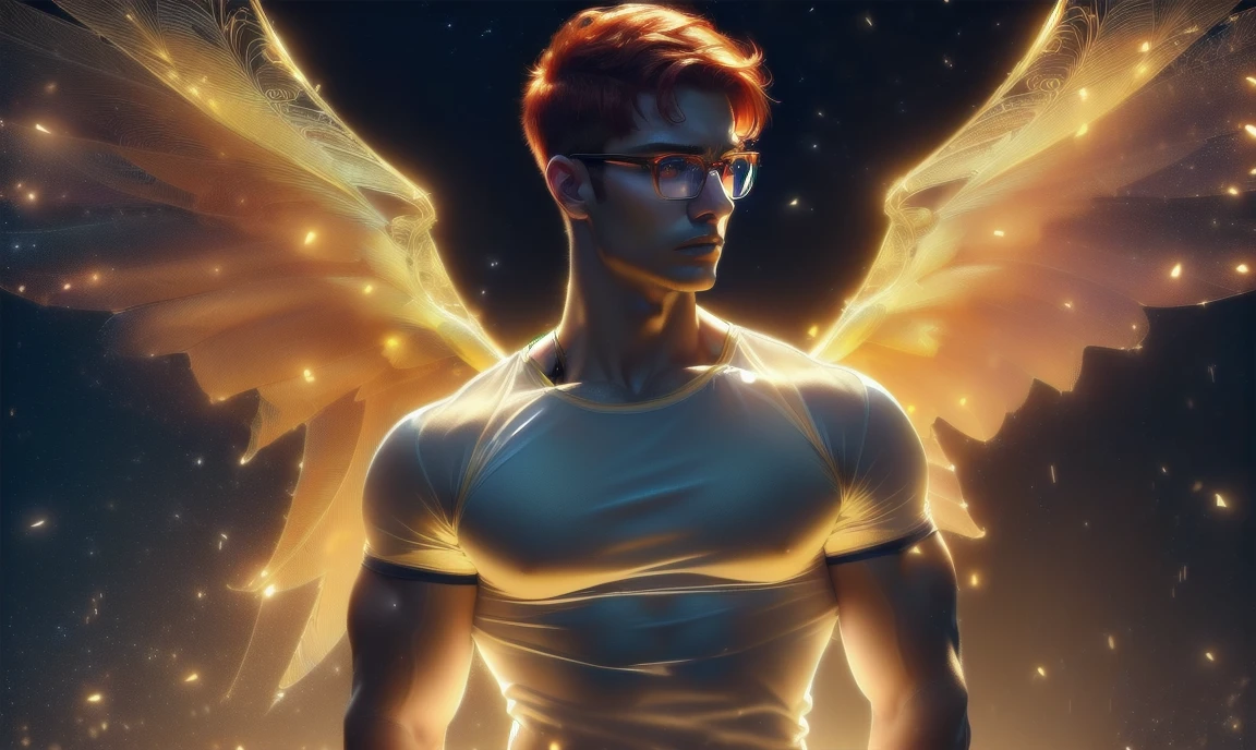 [((highly detailed, detailed eyes, detailed face, clear and realistic facial features, photorealistic, realistic light, cinematic, facing the viewer, close up)), (1 man), (((((Gorgeous sexy powerful masculine male angel))))), (((two transparent spirit wings, both wings showing behind his back))), ((((short sexy red hair)))), ((((pale yellow eyes)))), ((30 years old)), ((wearing simple t-shirt)), (((wearing classy glasses))), (((aura of divine power))), (((((background is a darkened apartment at nighttime))))), ((light blush)), (((((wearing an intense and serious expression)))))]
