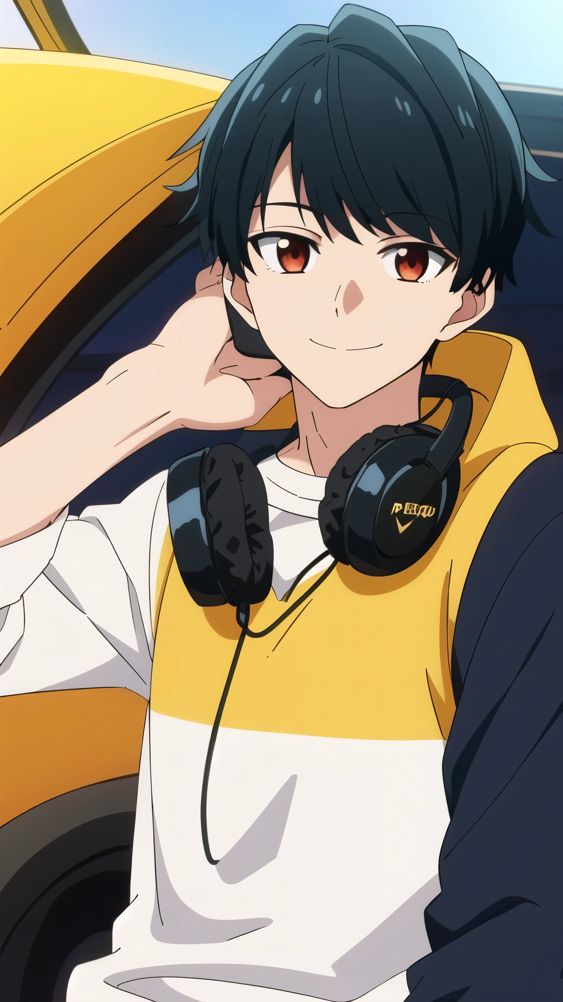 masterpiece, best quality, , 1boy, solo, male focus, looking at viewer, upper body, smiling , tasuku_kuresawa, black hair, , red eyes, whiteand orange strips sweatshirt, in hand, car headphone, pastle background