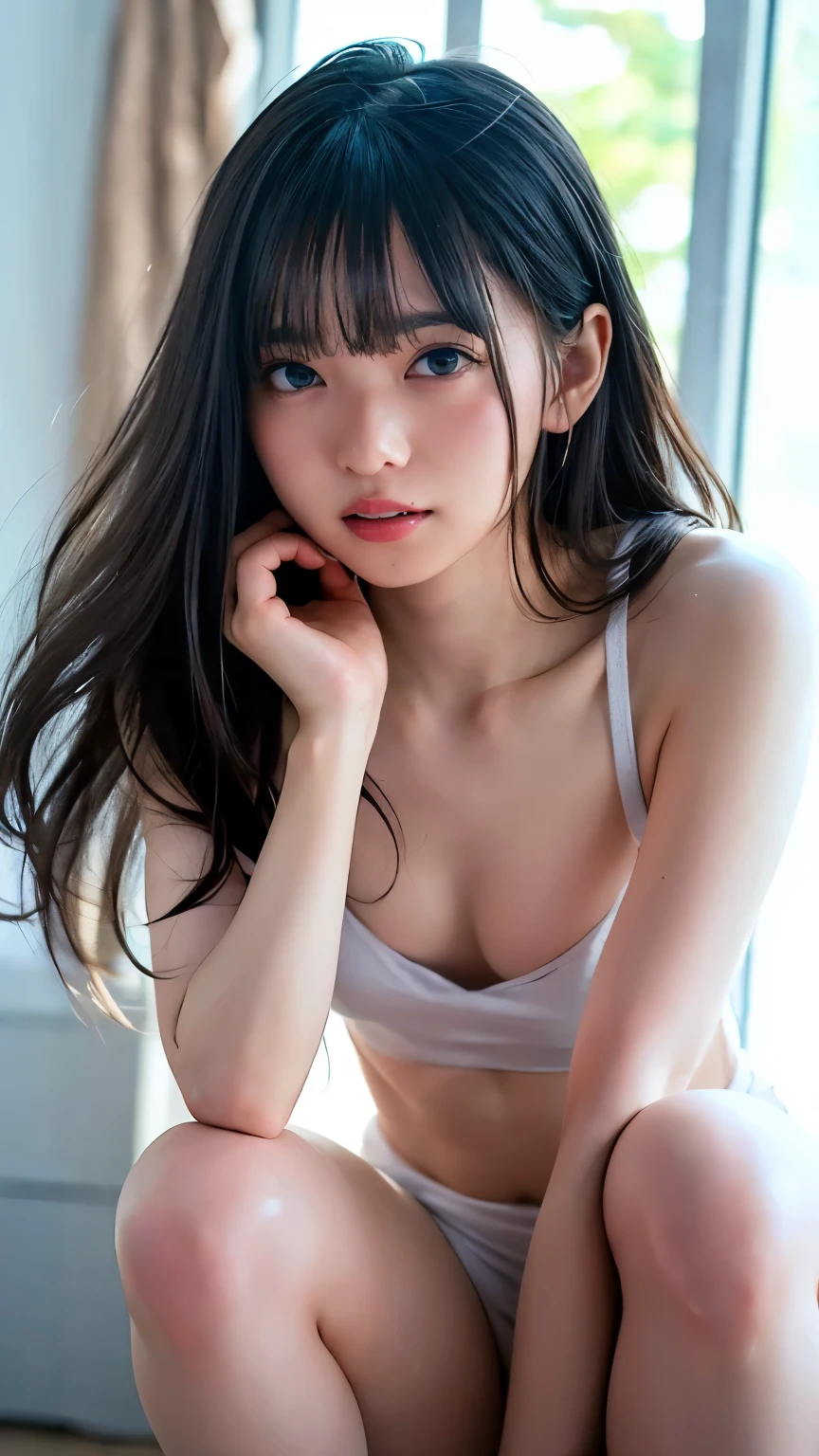 masterpiece、highest quality、16K、ultra high resolution、UHD、very detailed、soft light、professional lighting、Japanese、beautiful girl、slender woman、(smooth and beautiful thighs:1.6)、(small breast:1.0)、fine and beautiful eyes、(hanging eyes)、(thin eyebrows:1.0)、(thin lips:1.0)、natural makeup、natural color lip、gentle smile、(floating hair、long wavy hair),(The bangs are see-through bangs)、from head to thighs,squat