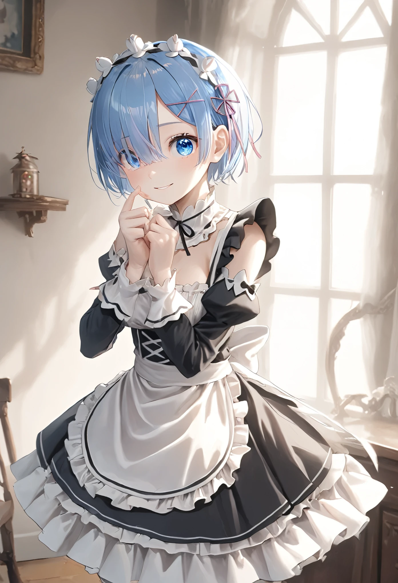 masterpiece, best quality, 8k, highres, ultra-detailed,HDR, UHD, studio lighting, ultra-fine painting, soft shading,baroque style,physically-based rendering, extreme detail description, professional,rem \(re:zero\), rem(re-zero), 1girl, solo,full body,looking at viewer,smile, short hair, open mouth, bangs, medium breasts, hair ornament, dress, ribbon, animal ears, blue hair, hair ribbon, heart, frills, detached sleeves, teeth,black tale,hand {fingers} paw pose {finger} hand, blue eyes, hair over one eye, apron, black dress, maid, symbol-shaped pupils, maid headdress, black ribbon, heart-shaped pupils, frilled dress, x hair ornament, waist apron, white apron, pink ribbon, roswaal mansion maid uniform, indoors