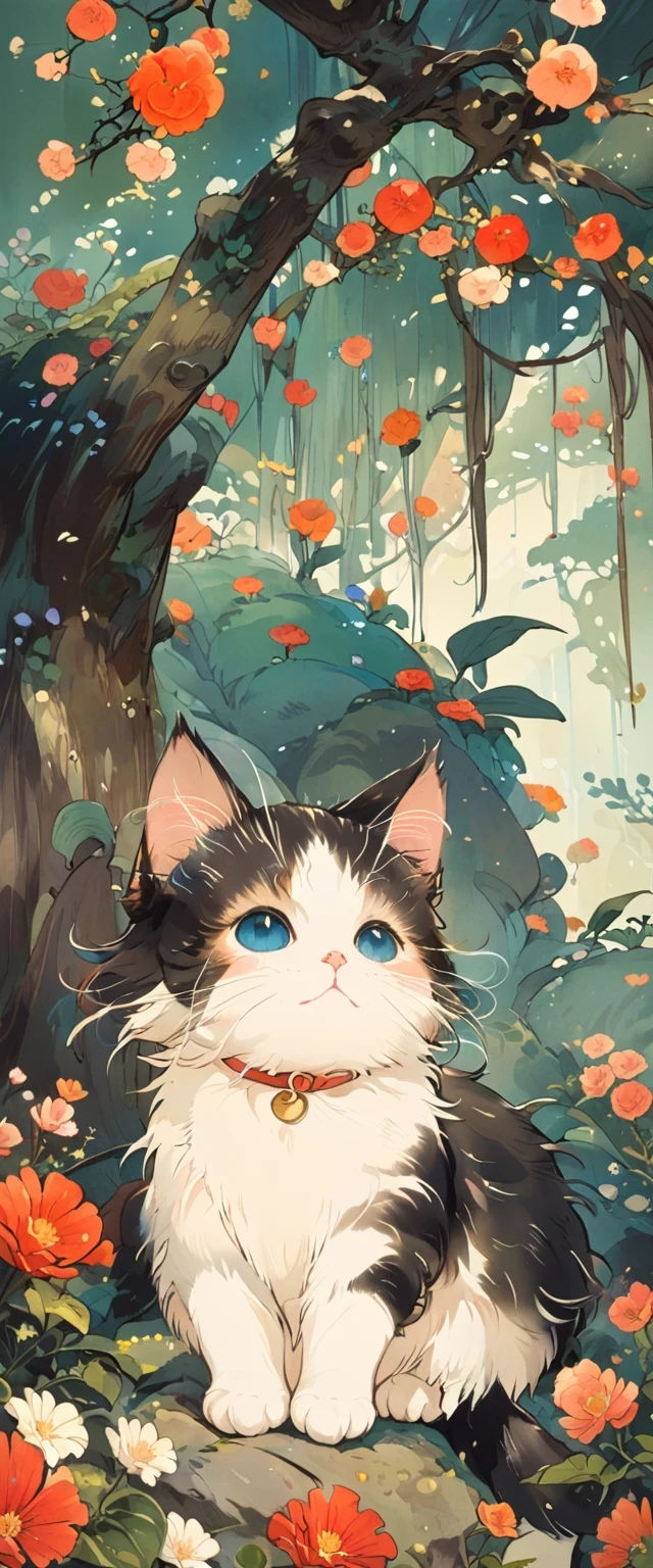 There is a cat sitting on a rock in the middle of a forest - SeaArt AI