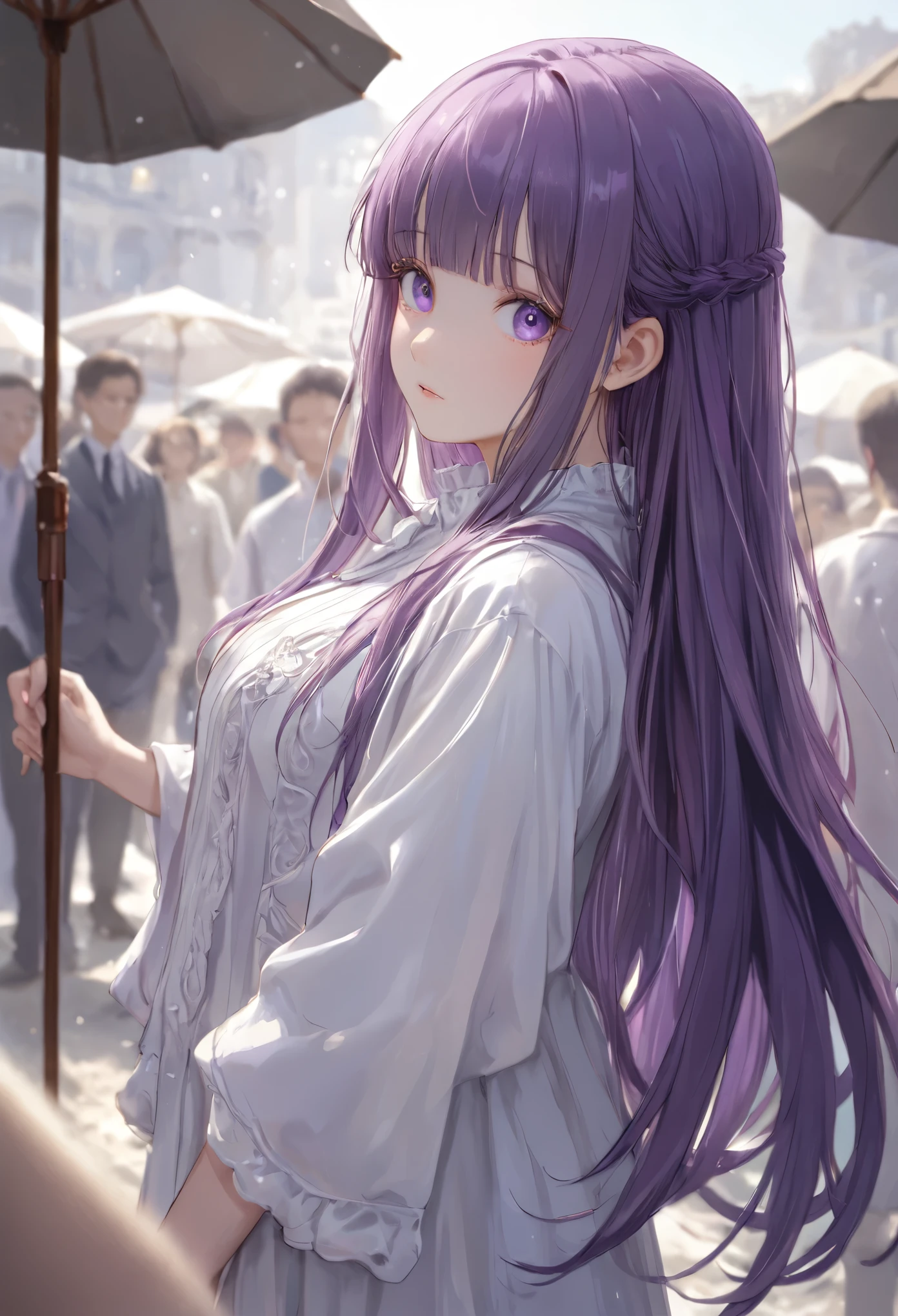 masterpiece, best quality, 8k, highres, ultra-detailed,HDR, UHD, studio lighting, ultra-fine painting, sharp focus, physically-based rendering, extreme detail description, professional,(long shot,wide shot,full body),FernFrieren, Long Hair, bangs, (Purple eyes:1.1), Purple Hair, Side Lock, blunt bangs, (Bright Eyes:1.5), Half Up,Big breast,(embarrassed expression,looking at the viewer, blushing),micro bikini,bottomless,pussy juice,sandy beach,(Surrounded by a crowd、Seen by many people,watching her),