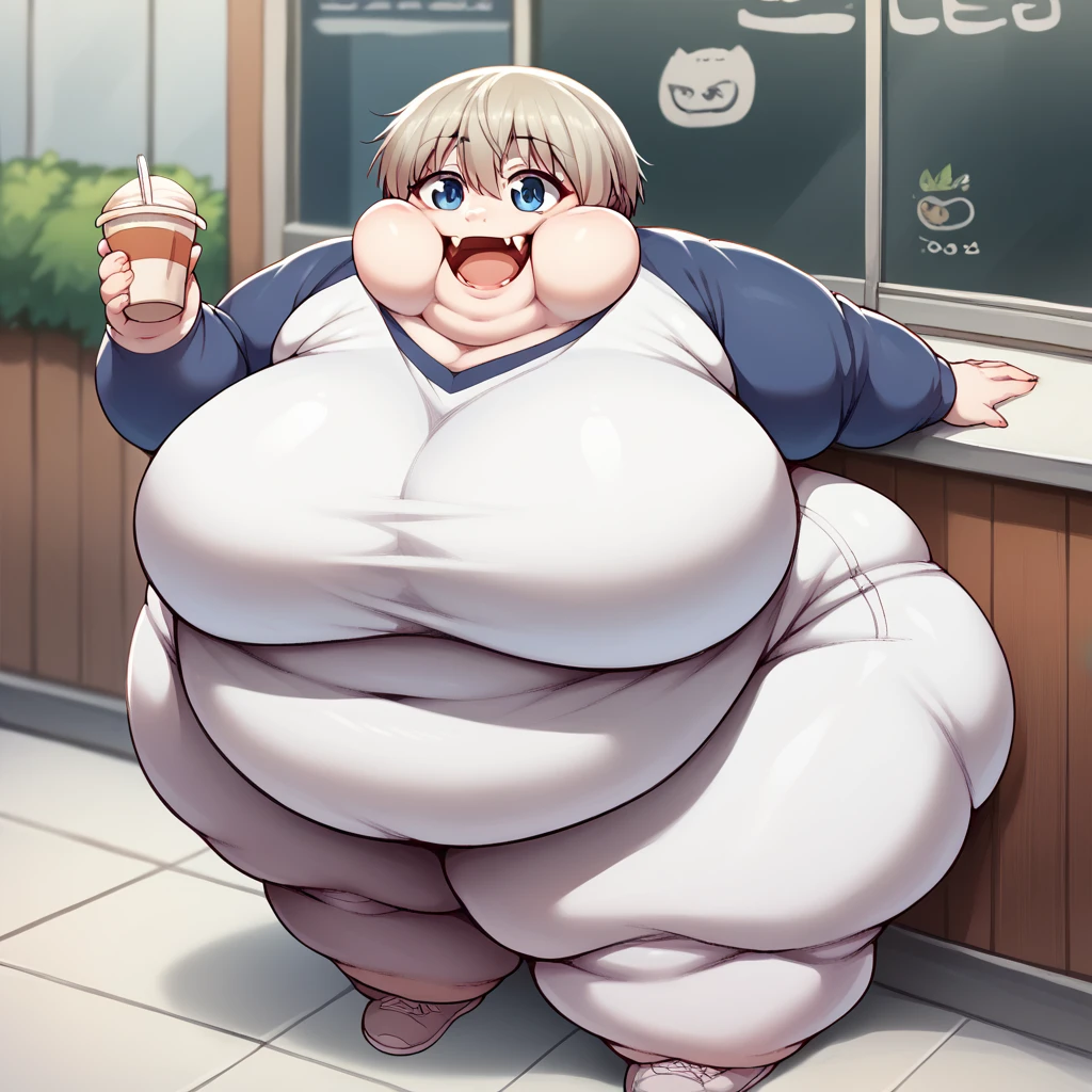 score_9,score_8_up,score_7_up,score_6_up,score_5_up,score_4_up,score_anime, obese Hana Uzaki,Chubby, big, fat, cute vampire fangs, obese, smile, open mouth, fat face, big and fat cheeks, gigantic breasts,masochist,cafe, small clothes, fat belly, tight clothes, thick thighs,hyper hips,hyper thighs, obese