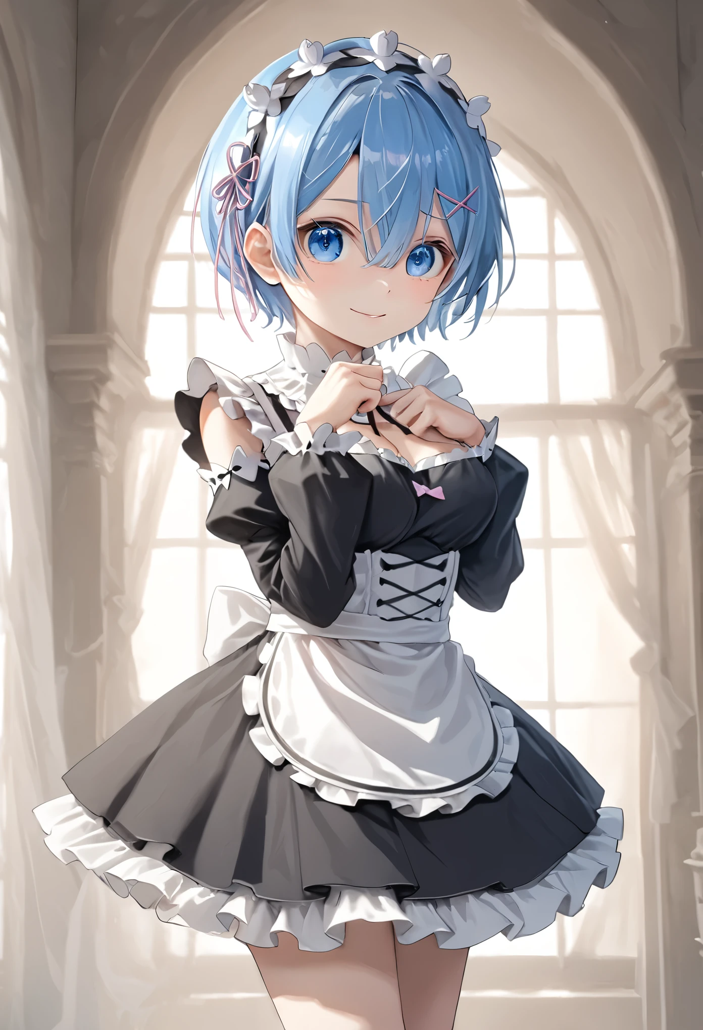 masterpiece, best quality, 8k, highres, ultra-detailed,HDR, UHD, studio lighting, ultra-fine painting, soft shading,baroque style,physically-based rendering, extreme detail description, professional,rem \(re:zero\), rem(re-zero), 1girl, solo,full body,looking at viewer,smile, short hair, open mouth, bangs, medium breasts, hair ornament, dress, ribbon, animal ears, blue hair, hair ribbon, heart, frills, detached sleeves, teeth,black tale,hand {fingers} paw pose {finger} hand, blue eyes, hair over one eye, apron, black dress, maid, symbol-shaped pupils, maid headdress, black ribbon, heart-shaped pupils, frilled dress, x hair ornament, waist apron, white apron, pink ribbon, roswaal mansion maid uniform, indoors