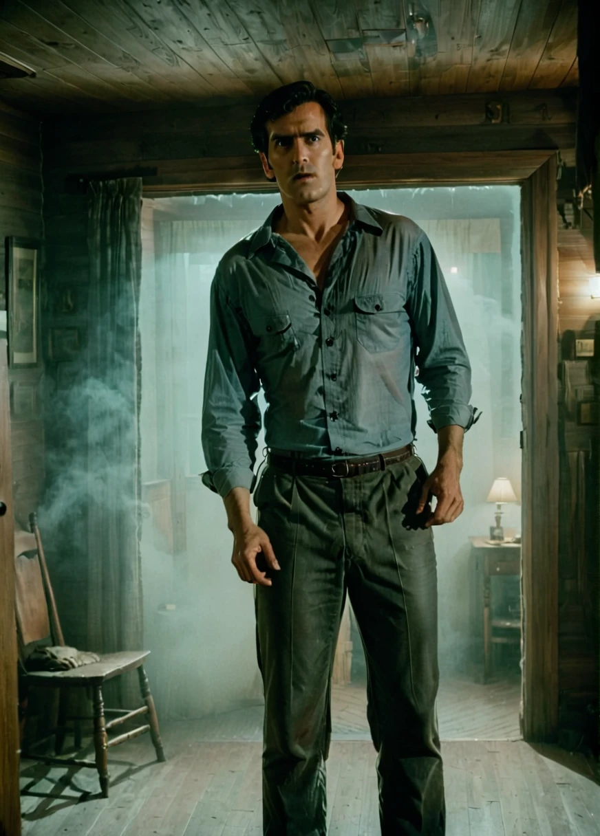 a photo of a ashwll man wearing shirt and pants inside a cabin,cinematic,fog,film grain