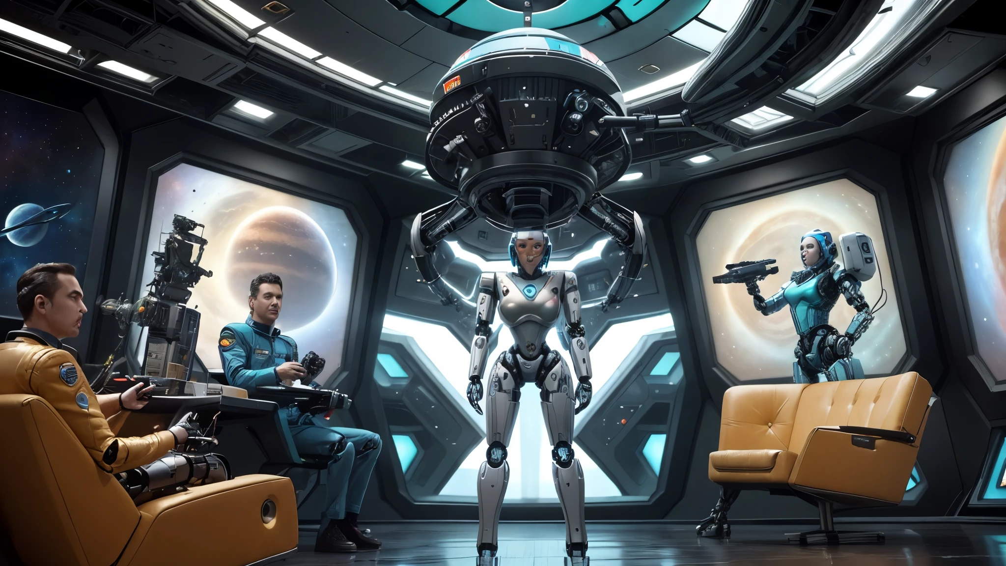 (((INNER IMAGE of a planetary base))) Interior image of a starship from a ideal future, exploring space, science fiction, sexy looking teal uniforms , image shows full body figures, ((multiethnic crew))), retro look, Vintage, old style, perfect faces like actors from the 1960s, ((perfect faces)), large, very colorful technical set, ((perfect faces)), Team, highlighted faces, foreign, There is a ((((robot))) in scene, science fiction, TV studio lighting, old style image, TV series style, (((indoors))), 16k, filme ainda, ((cinematic)), corpo inteiro, Science fiction, realista, (detalhes intrincados:1.1), retro art style, Fundo futurista da cidade de Science fiction, capacete, (extremamente detalhado:1.3), Planeta Proibido,