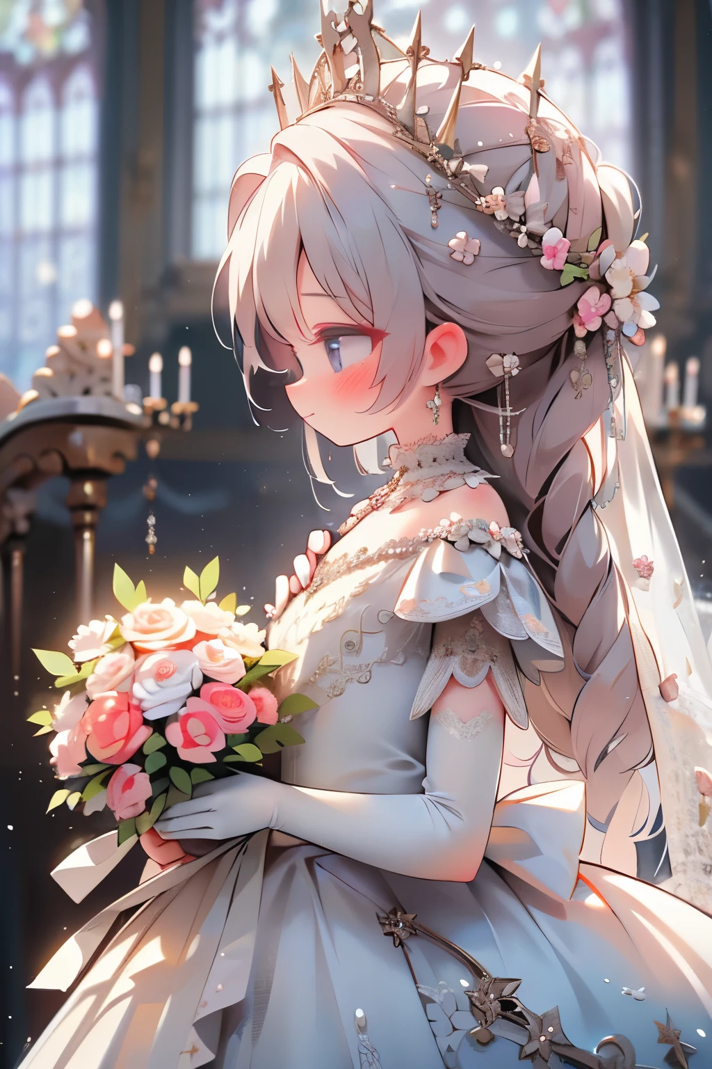 (masterpiece, Best Quality:1.2), ，Earrings，Veil，jewelry，Alone，wedding dress，flower bouquet，dress，bridal Veil，flower，Gloves with elbow pads，white dress，gloves，Flower Bride，Upper Body，From the side，[profile，White gloves，rose，Center of chest，Mouth closed，hoop Earrings，White Flower，holding flower bouquet，