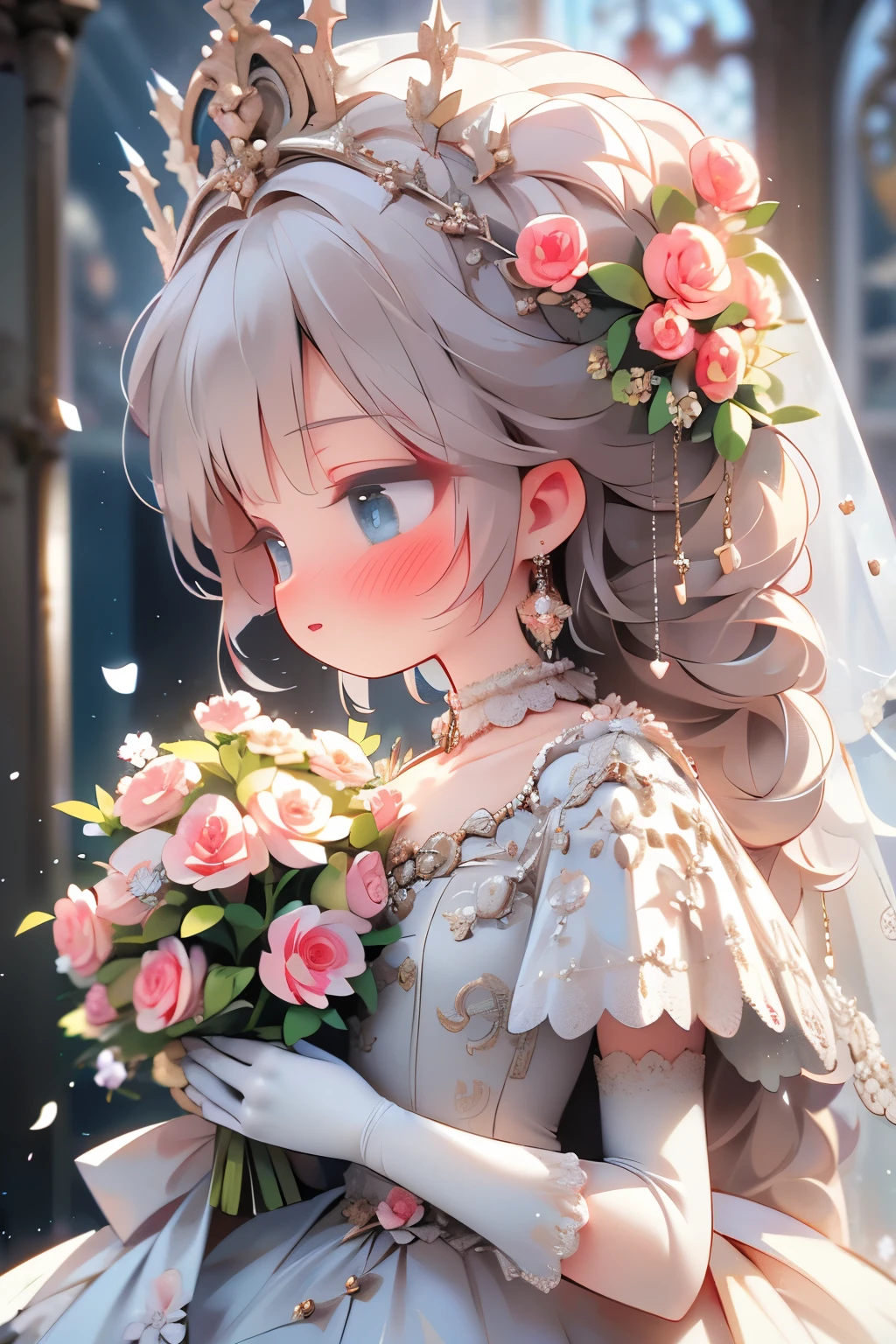 (masterpiece, Best Quality:1.2), ，Earrings，Veil，jewelry，Alone，wedding dress，flower bouquet，dress，bridal Veil，flower，Gloves with elbow pads，white dress，gloves，Flower Bride，Upper Body，From the side，[profile，White gloves，rose，Center of chest，Mouth closed，hoop Earrings，White Flower，holding flower bouquet，