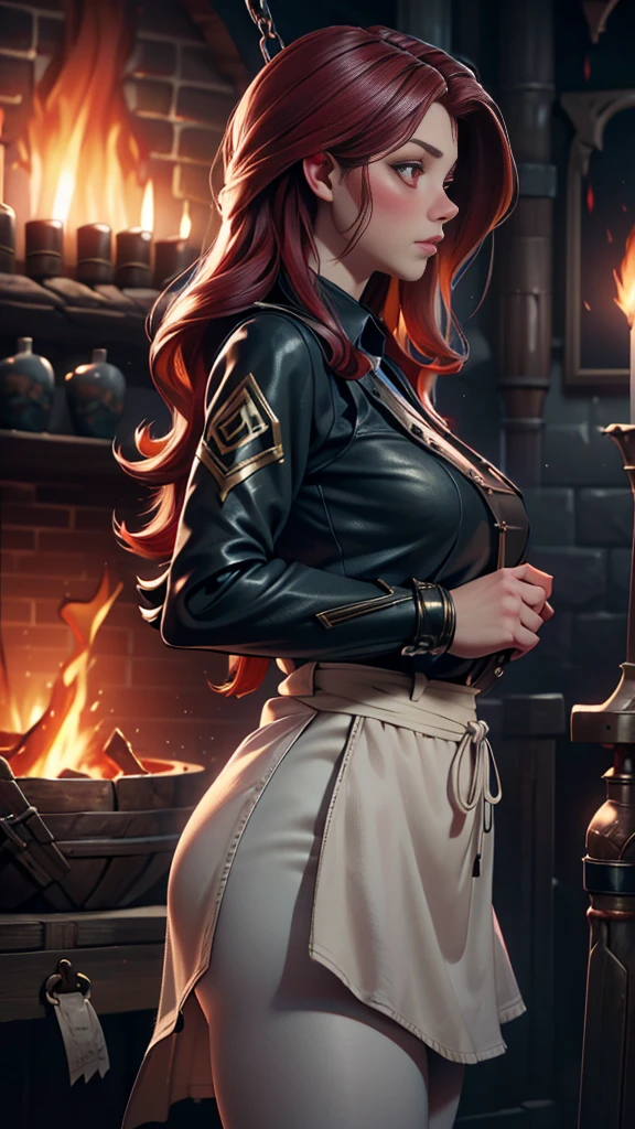 (masterpiece:1.2, best quality), realistic, (real picture, intricate details, depth of field), (1girl, solo), make up, parted lips, highly-detailed, gorgeous perfect face, (huge breasts:1.8), (skindentation), thick thighs, wide hips, average waist, tall, Luscious red lips, (Voluminous Wild Scarlet Red hairs), beautiful blue eyes, (sweating:1.2), (wet), sexy, blushing, (Adult Temptress) Voluptuous, Curvy, (Seductive dynamic pose) (Hanging breasts), (Deep Cleavage)