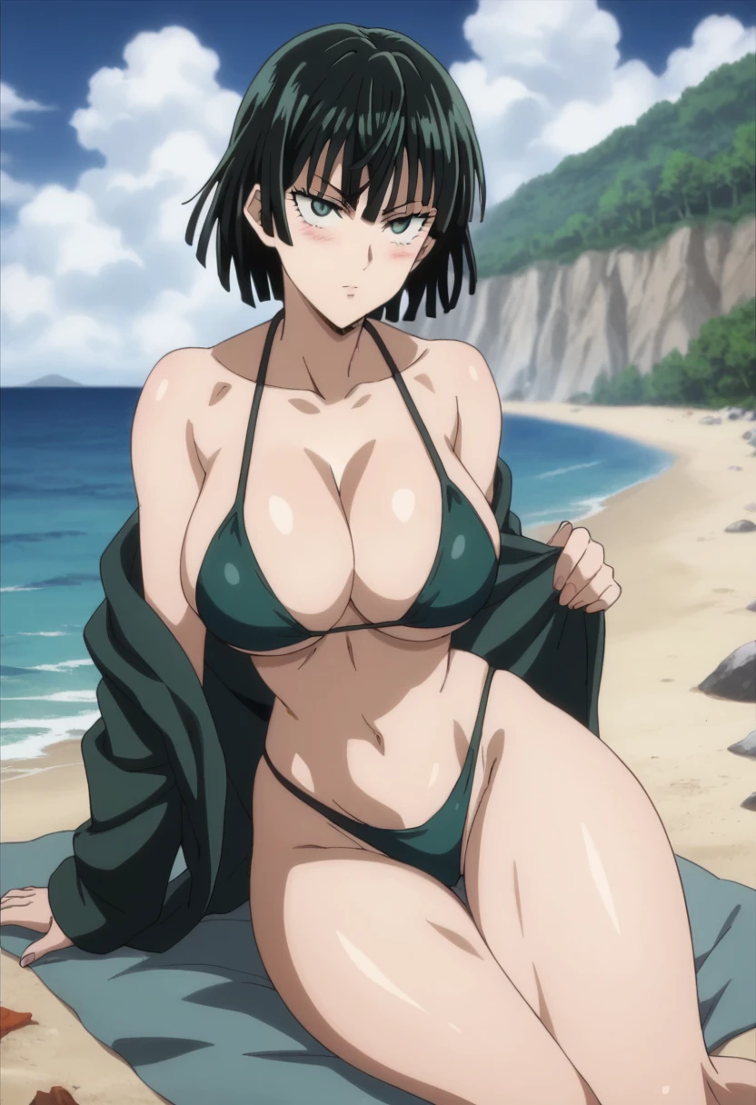 Prompt: (huge gigantic super mega hyper:1.1),(biggest round giant massive :1.1), (only one women) front view ,sexy poses,bikini,beach, source_anime,masterpiece,best quality,highres,absurdres,official art,official style,source_anime,anime screencap,anime coloring,megami magazine,anime,animated,explicit, shiny skin,large breasts,  black hair , fubuki ,one punch man,blush, side, on side,   fubuki ,