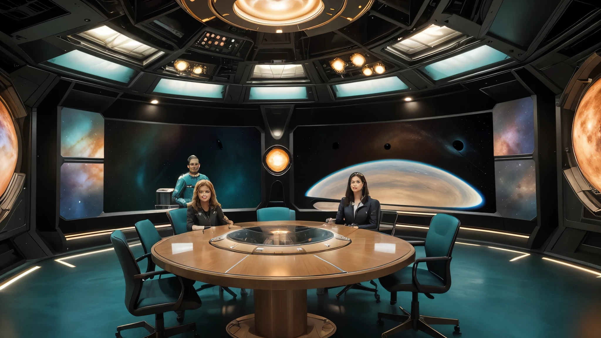 (((INNER IMAGE of a planetary base))) Interior image of a starship from a ideal future, exploring space, science fiction, sexy looking teal uniforms , image shows full body figures, ((multiethnic crew))), retro look, Vintage, old style, perfect faces like actors from the 1960s, ((perfect faces)), large, very colorful technical set, ((perfect faces)), Team, highlighted faces, foreign, vagina crease, science fiction, TV studio lighting, old style image, TV series style, (((indoors))), 16k, filme ainda, ((cinematic)), corpo inteiro, Science fiction, realista, (detalhes intrincados:1.1), retro art style, Fundo futurista da cidade de Science fiction, capacete, (extremamente detalhado:1.3), Planeta Proibido,