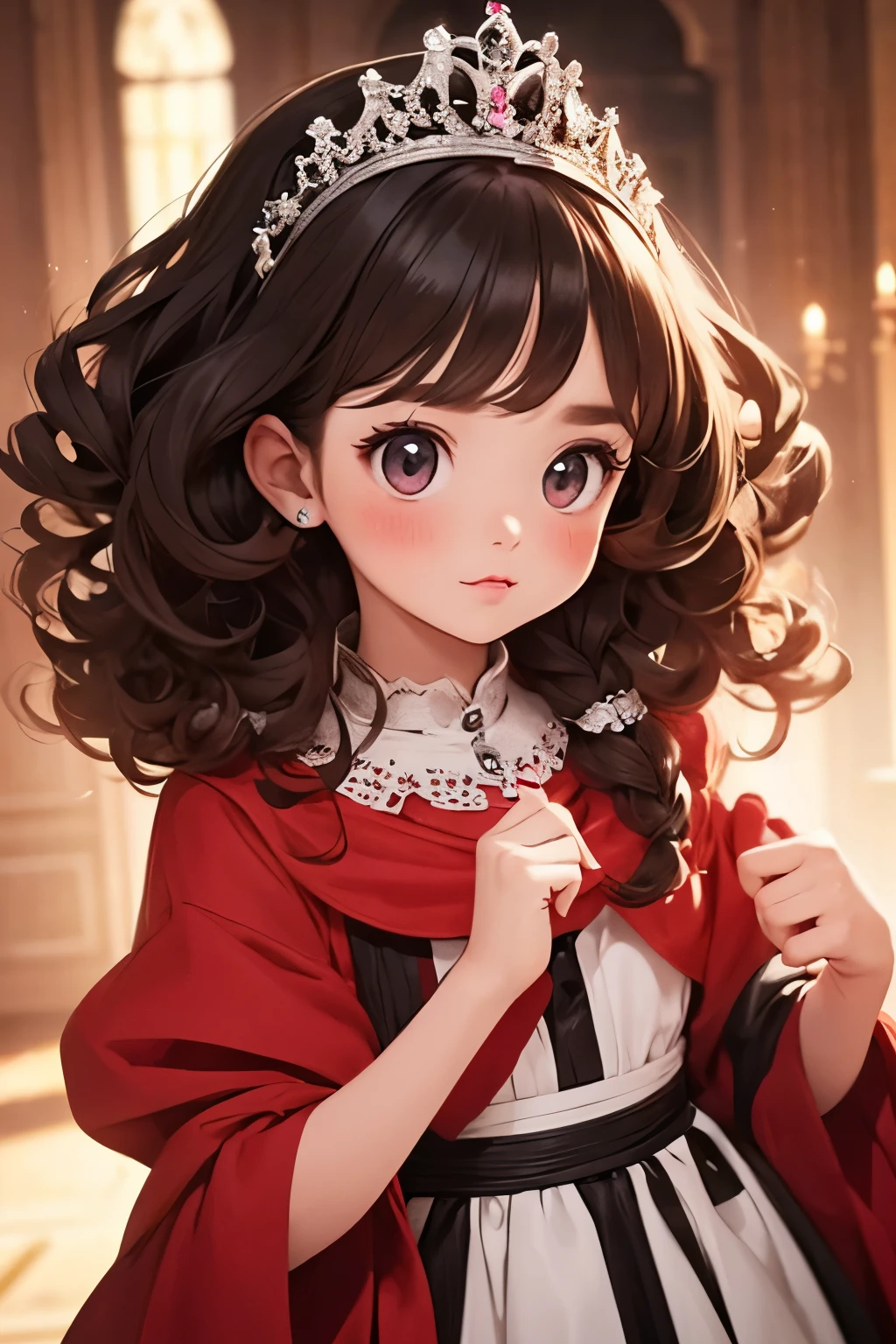 there is nothing, Best Quality, Very young  , Cute very very young ，Child body type，Brunette, Curly haired evil girl, dress，Tiara，Cunning gestures，