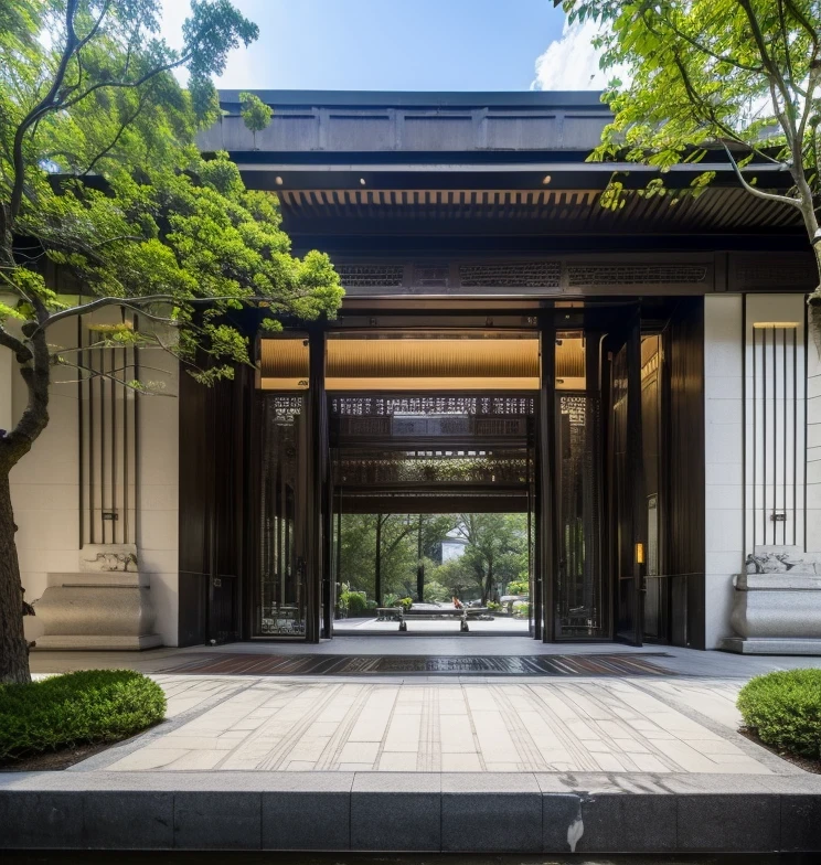 Neo-ch, Classical, Ming and Qing, Chinese, Oriental, stable, luxurious, Ancient rhyme, no humans, outdoors, scenery, tree, sky, building, day, architecture, east asian architecture, sign