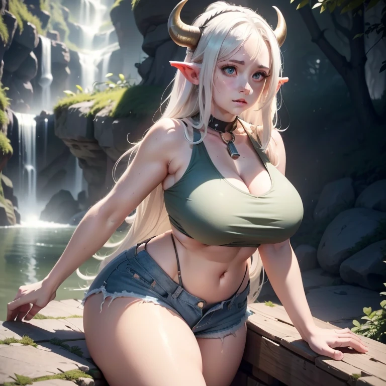 a girl with long,silky white hair,bovine horns and ears,green eyes,thin lips,round face,white tank top,ripped denim shorts,bell around neck,large breasts,wide hips,thick thighs,barefoot,ranch setting,waterfall background,detailed,hyper realistic,8k,ultra detailed,cinematic lighting,masterpiece