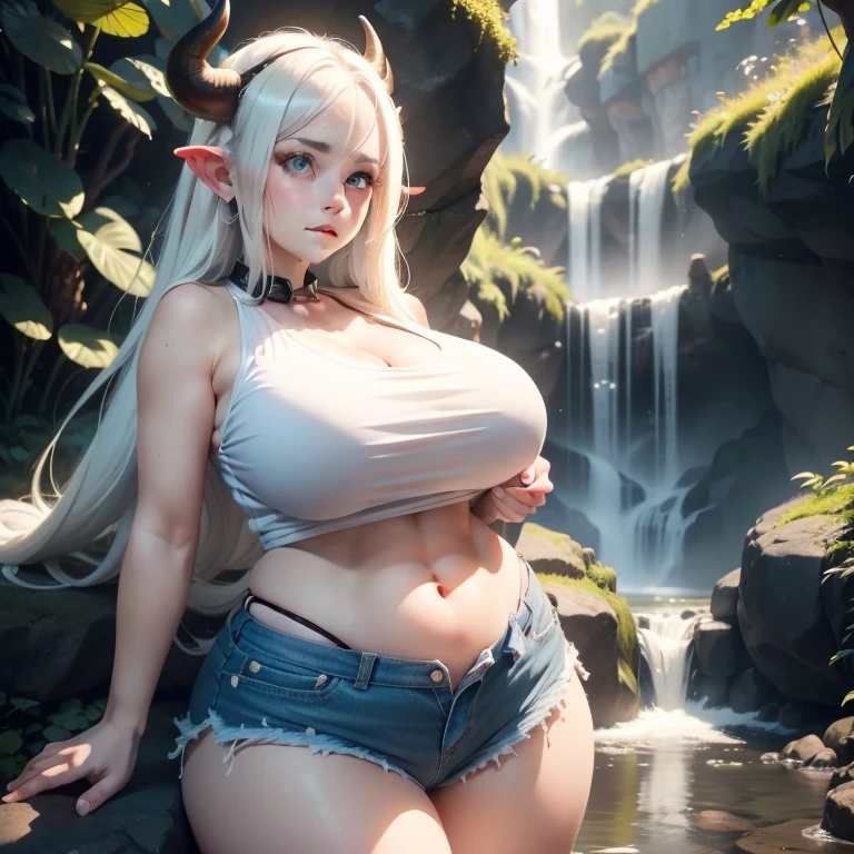 a girl with long,silky white hair,bovine horns and ears,green eyes,thin lips,round face,white tank top,ripped denim shorts,bell around neck,large breasts,wide hips,thick thighs,barefoot,ranch setting,waterfall background,detailed,hyper realistic,8k,ultra detailed,cinematic lighting,masterpiece