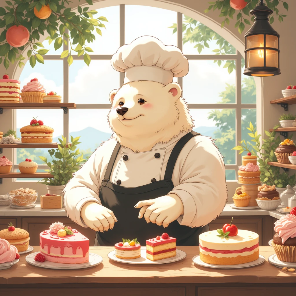 pastry chef, a plump middle-aged polar bear man, full body in Michelangelo Buonarroti style, digital illustration anime, character focus, full body, looking away, dynamic angle, BREAK happy, little smile, chef's hat, costume, boots, cook a cake, a beautiful pastel-colored patisserie, intricate and delicate cakes, delicate floral decorations, perfectly arranged dessert display, assorted fruits, sugar flowers, macarons, cupcakes, tarts, sweet treats, dynamic pose, detailed painting landscape, morning, patisserie, kitchen, indoor, france, BREAK complete anatomy, perfect proportions, beautiful thigh gap, fluffy body, intricate fur details, beautiful fur texture, BREAK detailed polar bear tail, detailed boots, detailed hands, 5fingers, 5fingers nails, BREAK aesthetic anime face, insanity detailed face, male face, big face, square jawline, aesthetic anime eyes, detailed brown eyes, detailed brown cornea, detailed dark brown irises, detailed pupils, male eyes, big eyes, male eyebrows, innocent look, beautiful beard, BREAK masterpiece, official art, best quality, very aesthetic, absurdres, super fine illustration, great quality, BREAK noise reduction, very highres, large filesize, high quality, 32K, 8k wallpaper, dynamic lighting, BREAK insanity detailed, ultra detailed, intricate details, extremely detailed, detailed texture, an extremely delicate and beautiful, full color, HDR, BREAK e621 uncut tag, Fur Affinity illustration, osukemo, kemohomo, anthropomorphic, furry, cartoon, harmonious eyes, pastoral face, virtuous body, sweet atmosphere