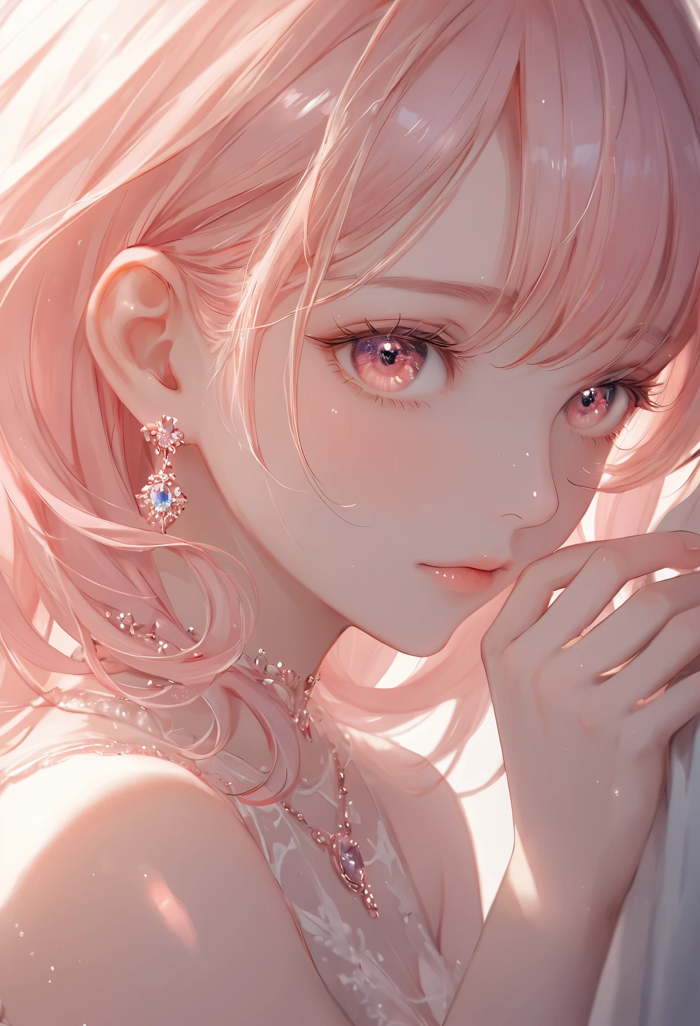 masterpiece, best quality, ultra-detailed, a young woman with flowing, Tongue out,red and pink gradient hair lying down, her hair softly spread around her as she gazes up with a warm, gentle expression, her eyes are a rich, deep red, reflecting the soft light of the room, her skin is smooth and illuminated with a subtle glow, her hand is raised gently to her forehead, the light catching on her delicate fingers and casting soft shadows on her face, she is wearing a sleeveless pink blouse, with fine details on the fabric that show soft wrinkles and folds, the subtle texture of the fabric is highlighted by the soft lighting, around her neck is a delicate choker with a small gemstone that catches the light, her earrings are detailed with intricate designs, and they dangle slightly, reflecting the ambient light softly, her other hand plays with a lock of her hair, the strands catching the light in soft highlights, the background is a soft, light blue fabric that creates gentle folds around her, adding depth and softness to the scene, next to her lies a wristwatch and a pair of sunglasses, rendered in stunning detail, the metallic parts of the watch gleam softly under the light, and the lenses of the sunglasses reflect the surrounding light subtly, the overall composition feels peaceful and intimate, capturing a quiet, relaxed moment, the lighting is soft and natural, with gentle shadows that enhance the depth and realism of the scene, every detail, from the texture of her blouse to the soft highlights in her hair, is rendered with precision, creating a lifelike and immersive atmosphere.