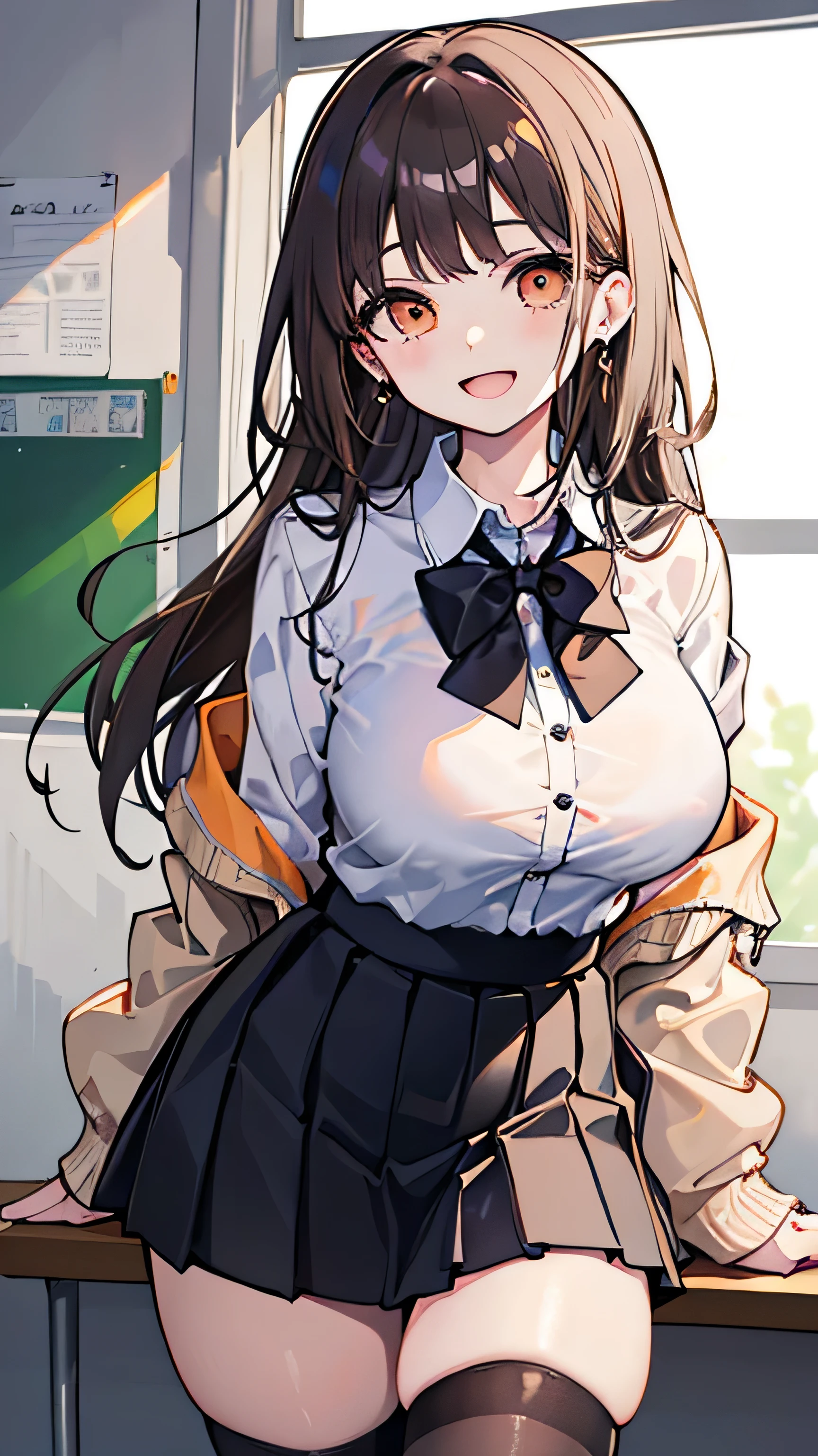 (masterpiece、Please redeem、Very detailed))、One Girl、Improve、Brown gradient hair、Long Hair、Pale orange eyes、Wicked Smile、((Open your mouth))、((Lots of earrings))、((Large Breasts))、((White collar shirt))、、Bow tie、((Black Pleated Skirt))、((mini skirt))、Cardigan at waist、((Thick waist))、Thighs、Cowboy Shot、Classroom Background